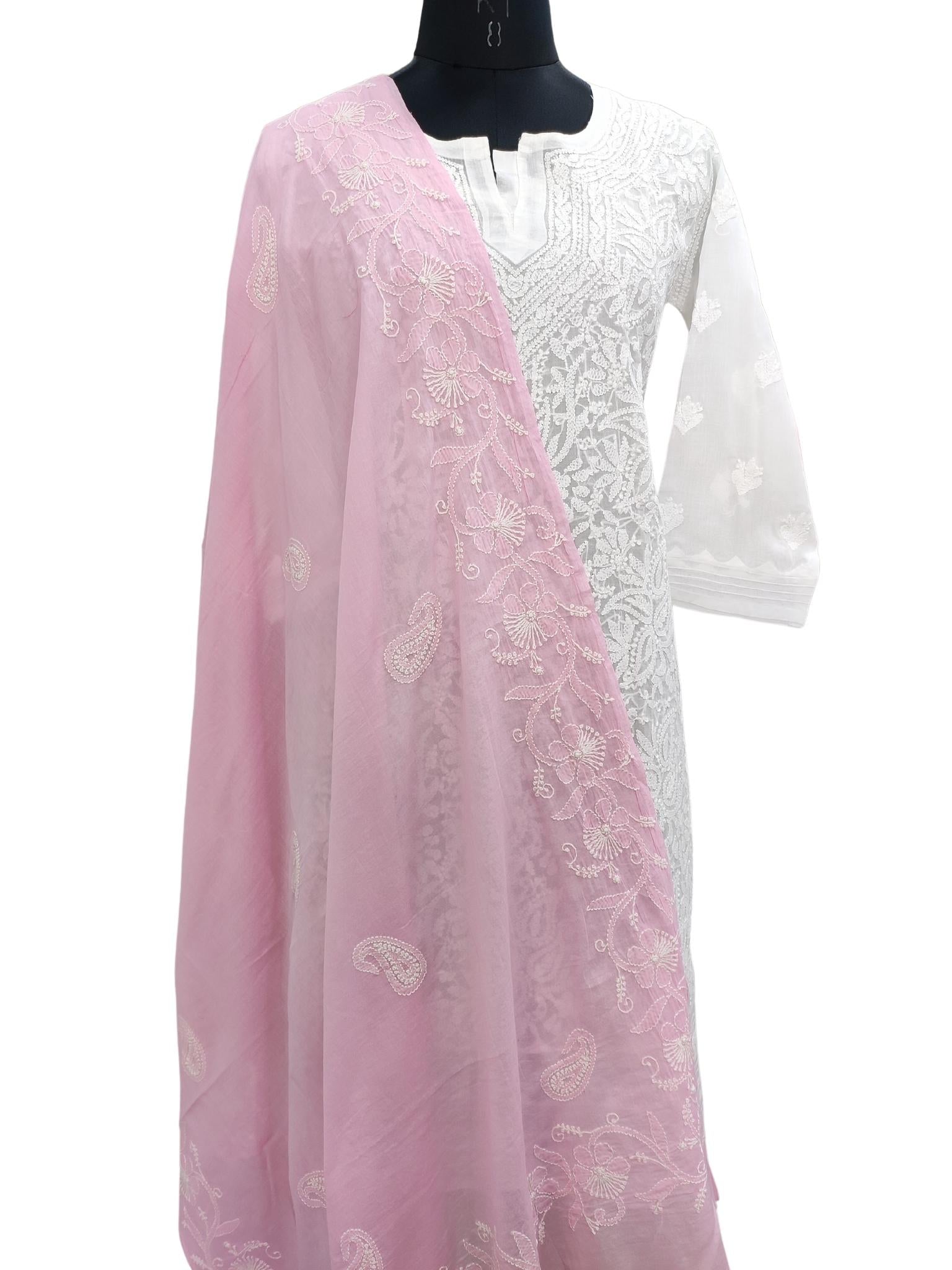 Shyamal Chikan Hand Embroidered Pink Malmal Cotton Lucknowi Chikankari Dupatta - S20094