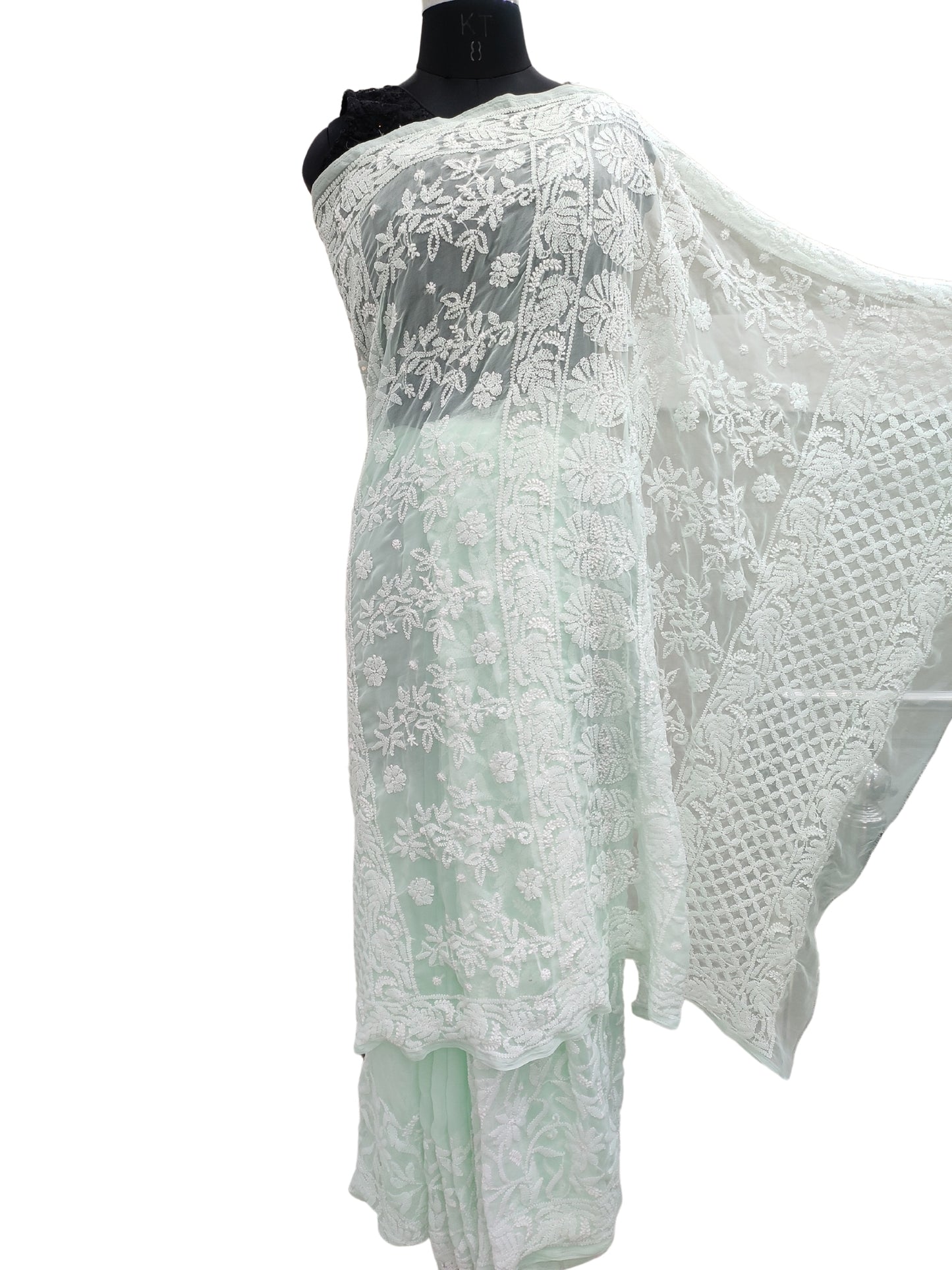 Shyamal Chikan Hand Embroidered Sea Green Georgette Lucknowi Chikankari Shoulder Jaal Saree With Blouse Piece - S21938