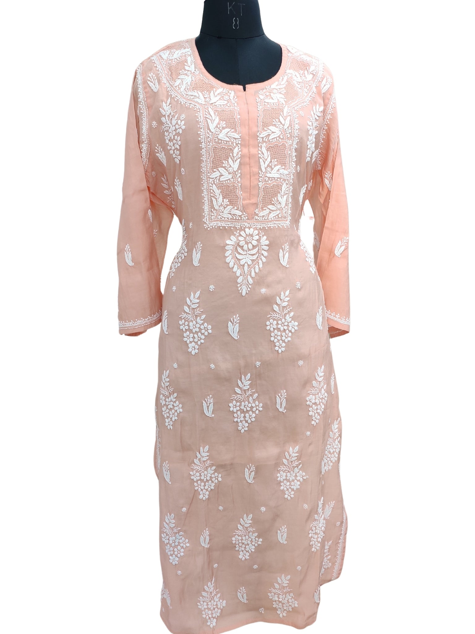 Shyamal Chikan Hand Embroidered Peach Cotton Silk Lucknowi Chikankari Semi Stitched Kurti- S23532