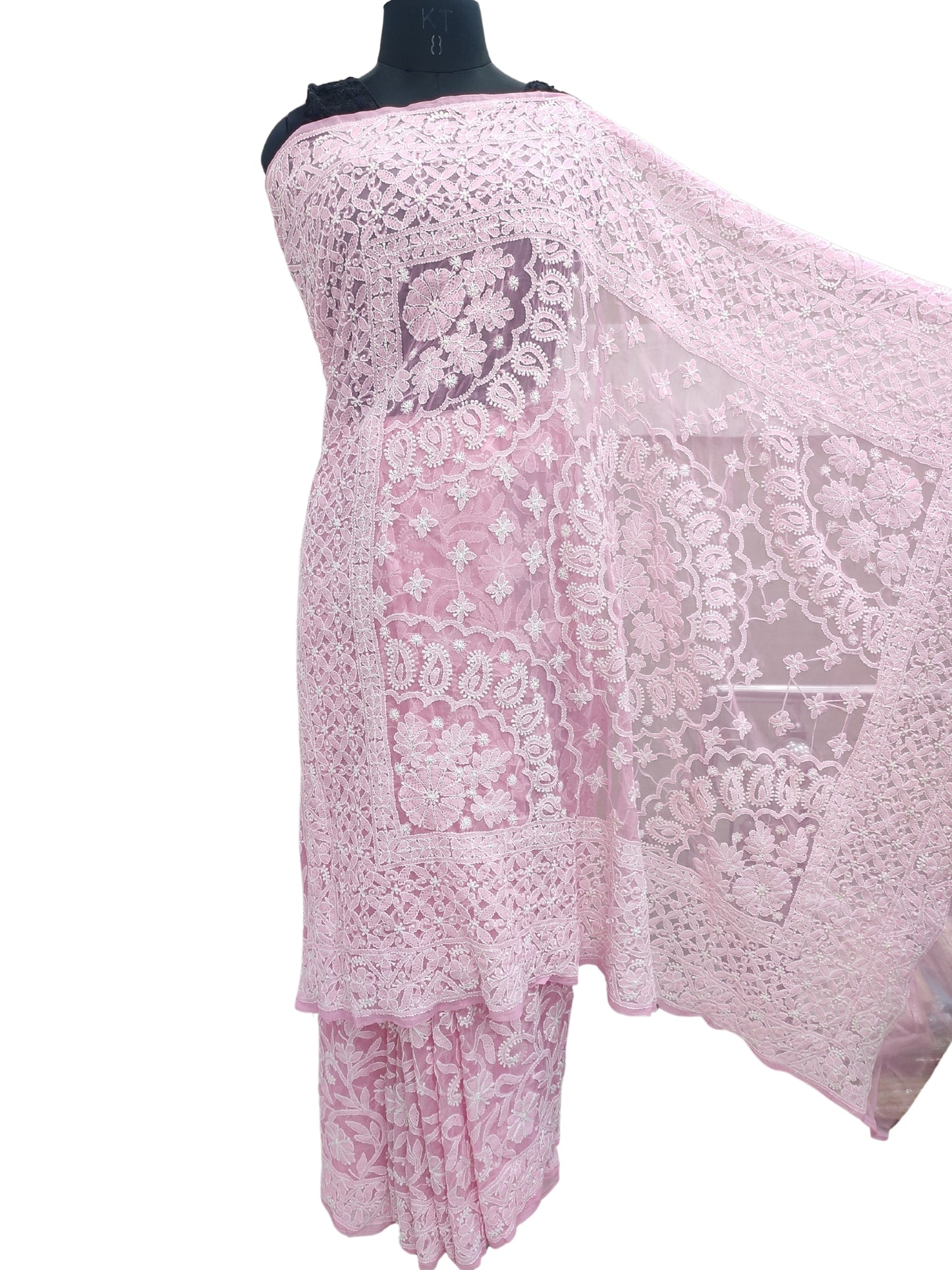 Shyamal Chikan Hand Embroidered Pink Georgette Lucknowi Chikankari Full Jaal Saree With Blouse Piece - 23992