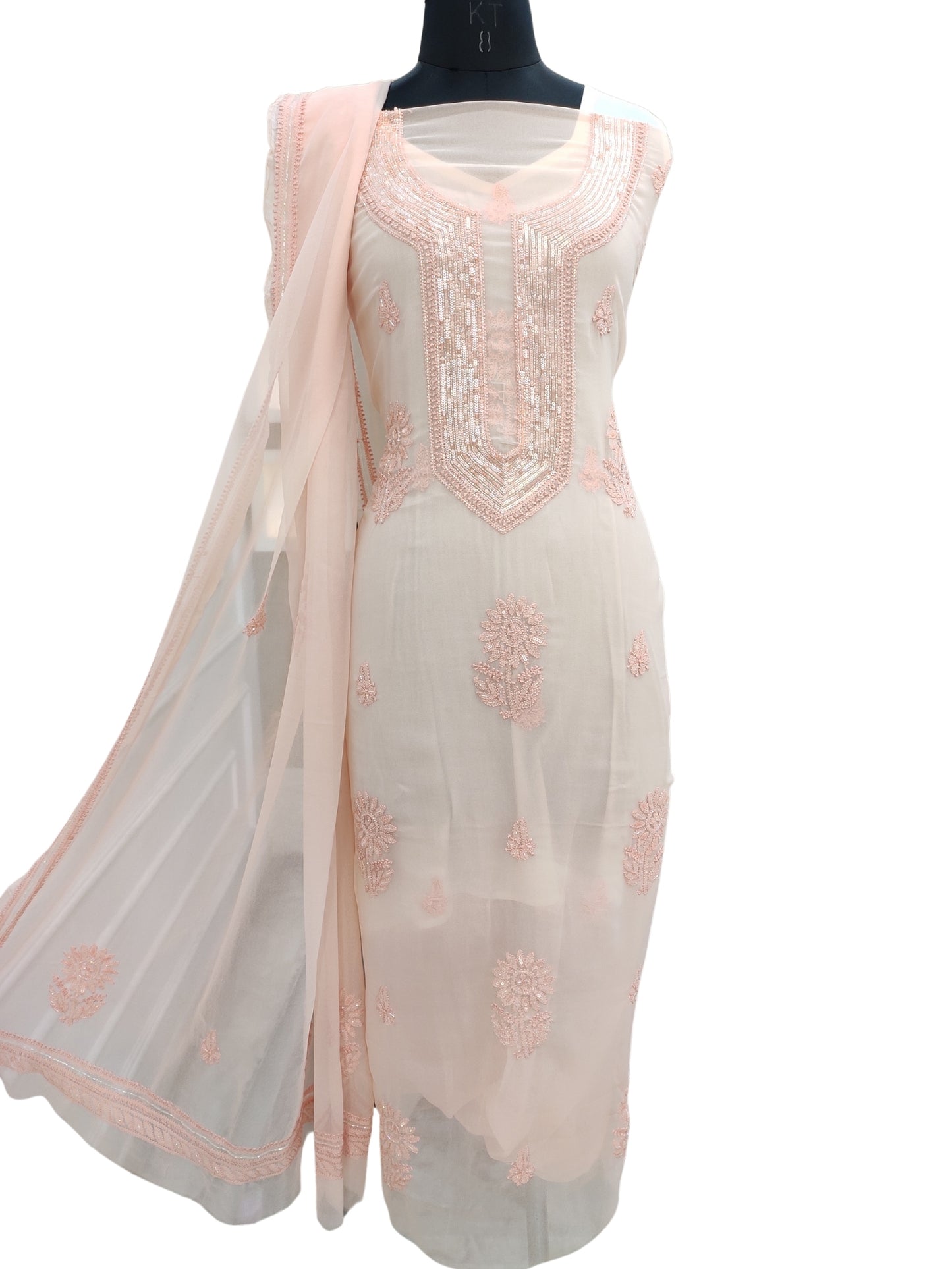 Shyamal Chikan Hand Embroidered Peach Georgette Lucknowi Chikankari Unstitched Suit Piece With Cutdana & Sequin Work - S24382