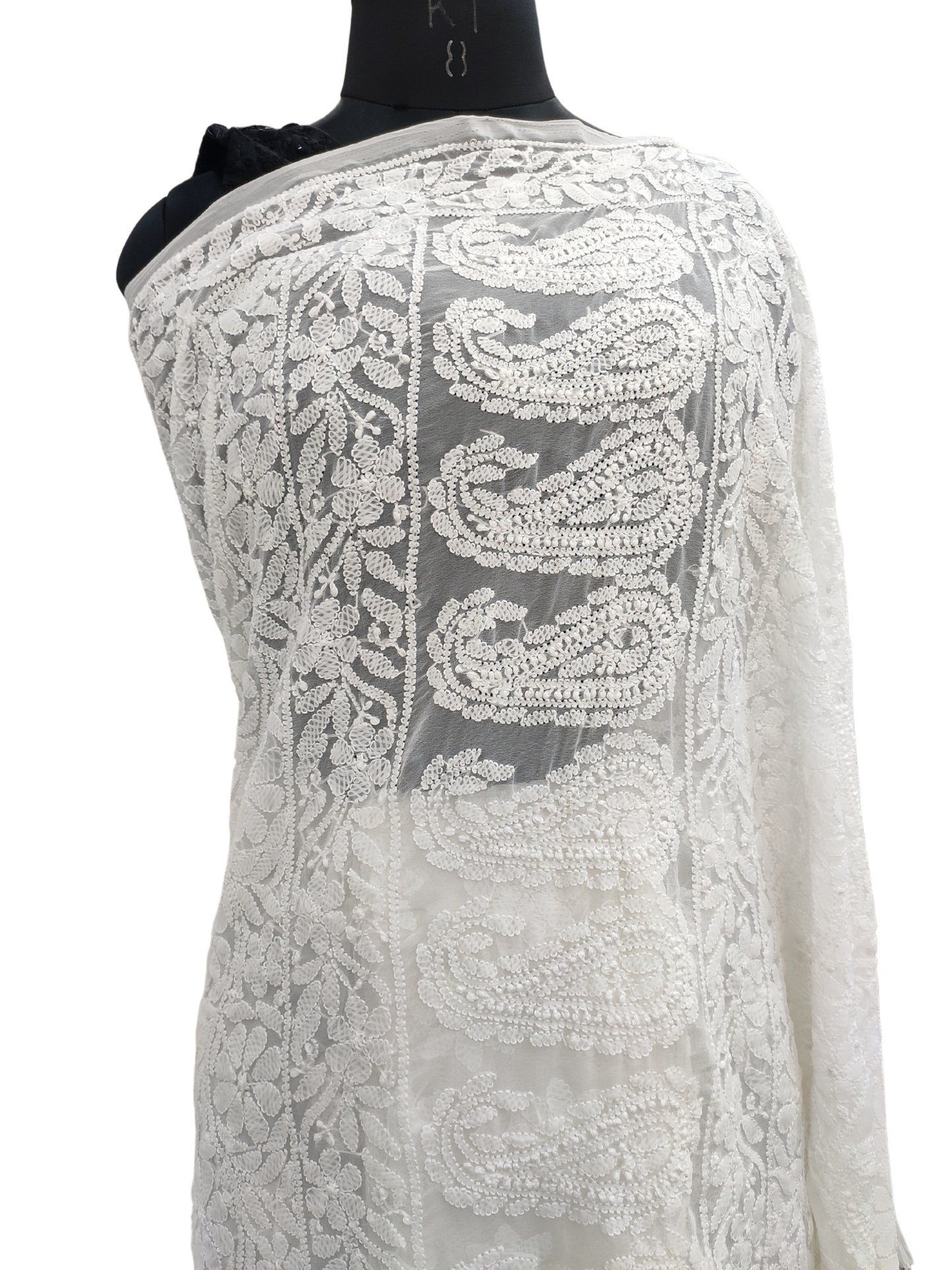 Shyamal Chikan Hand Embroidered White Georgette Lucknowi Chikankari Shoulder Jaal Saree With Blouse Piece - S25235