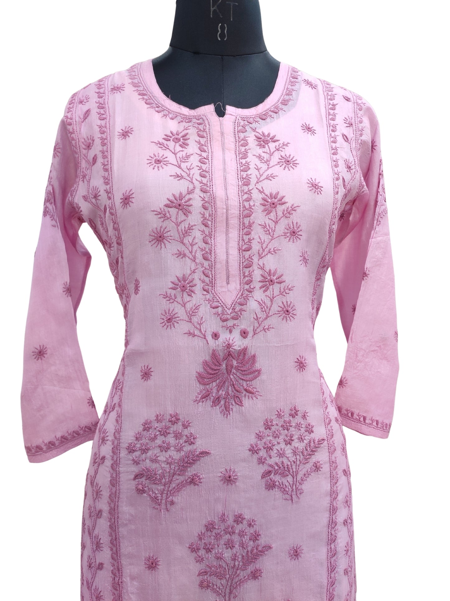 Shyamal Chikan Hand Embroidered Purple Pure Tusser Silk Lucknowi Chikankari Kurti- S25558