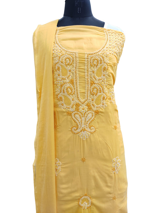 Shyamal Chikan Hand Embroidered Yellow Cotton Lucknowi Chikankari Unstitched Suit Piece With Jaali Work - S24147