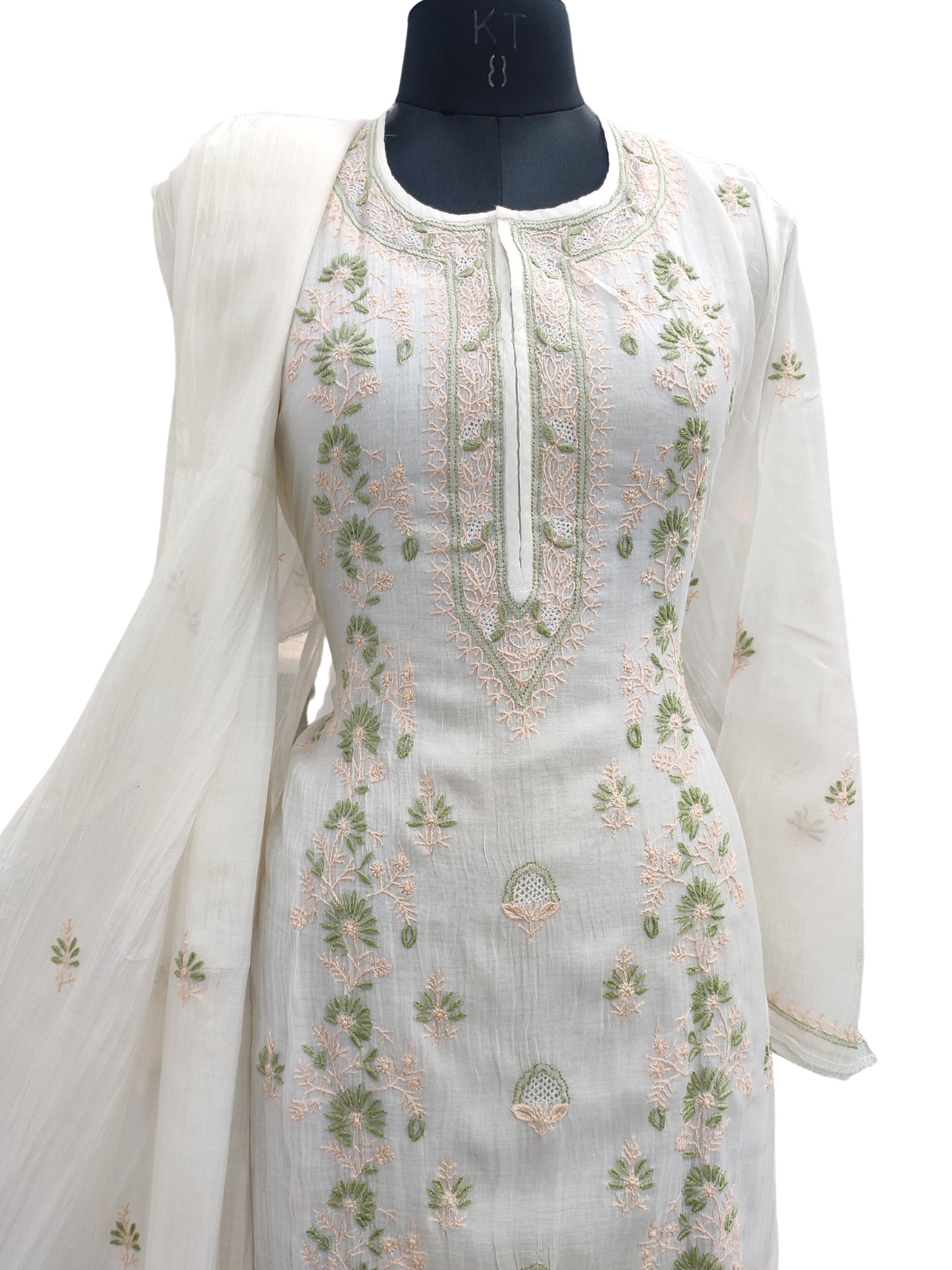 Shyamal Chikan Hand Embroidered White Mul Chanderi Lucknowi Chikankari semi stitched Suit Piece (Kurta Dupatta Set) - S25118