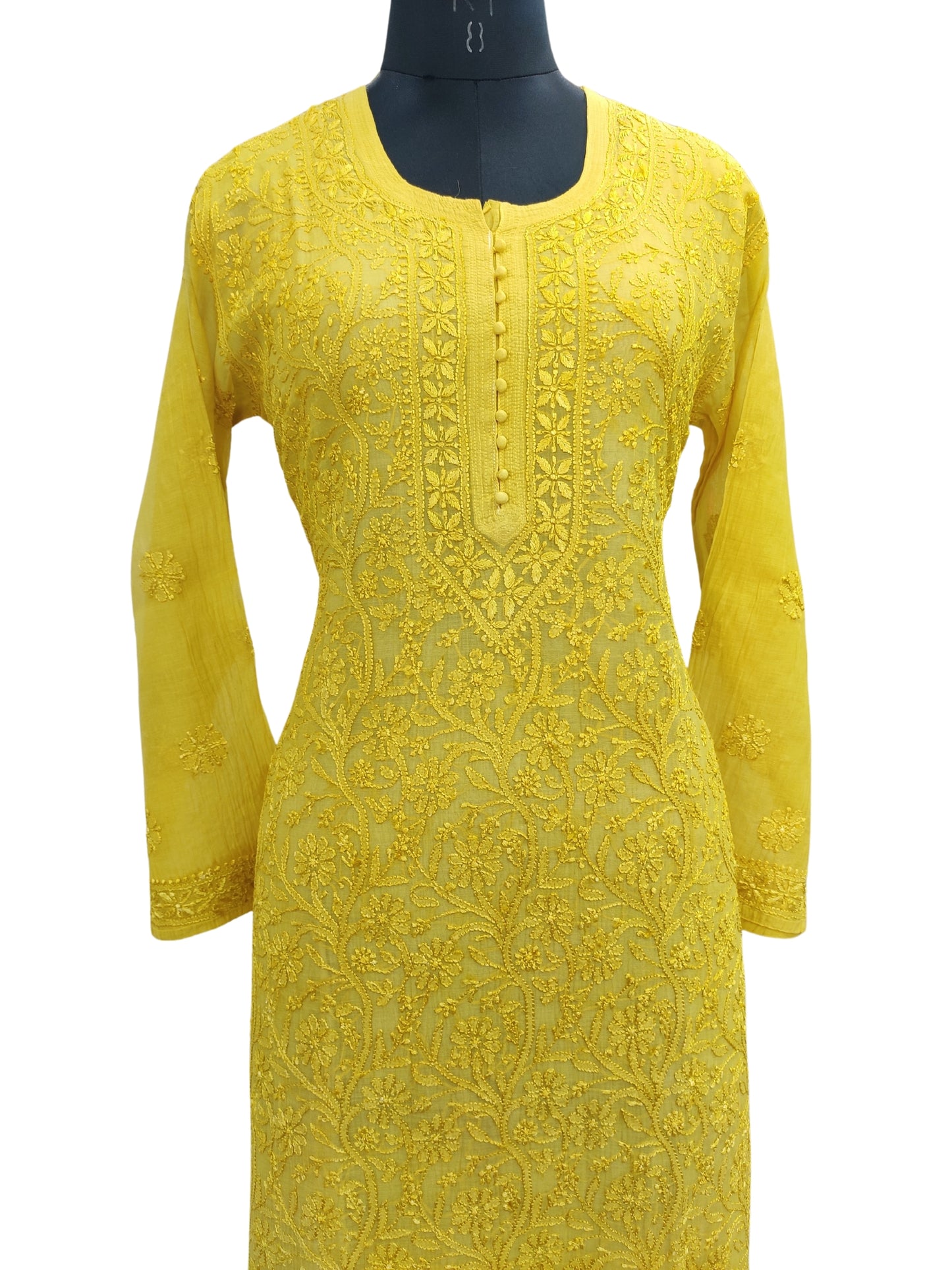 Shyamal Chikan Hand Embroidered Greenish Yellow Mul Chanderi Lucknowi Chikankari Kurti - S23914