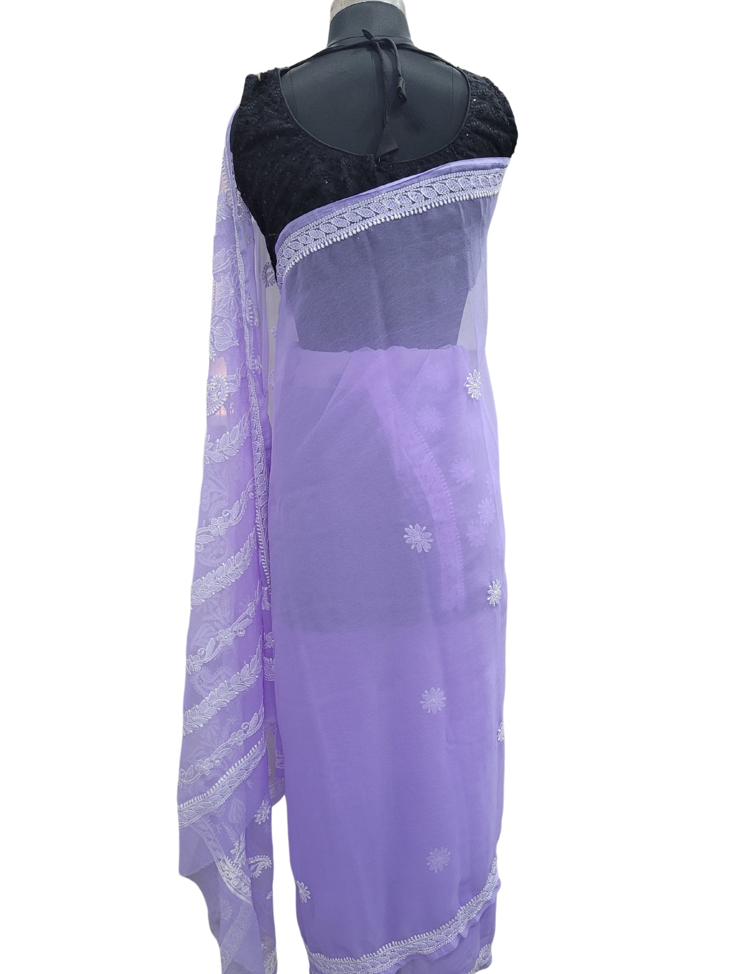 Shyamal Chikan Hand Embroidered Purple Georgette Lucknowi Chikankari Saree With Blouse Piece - S24978