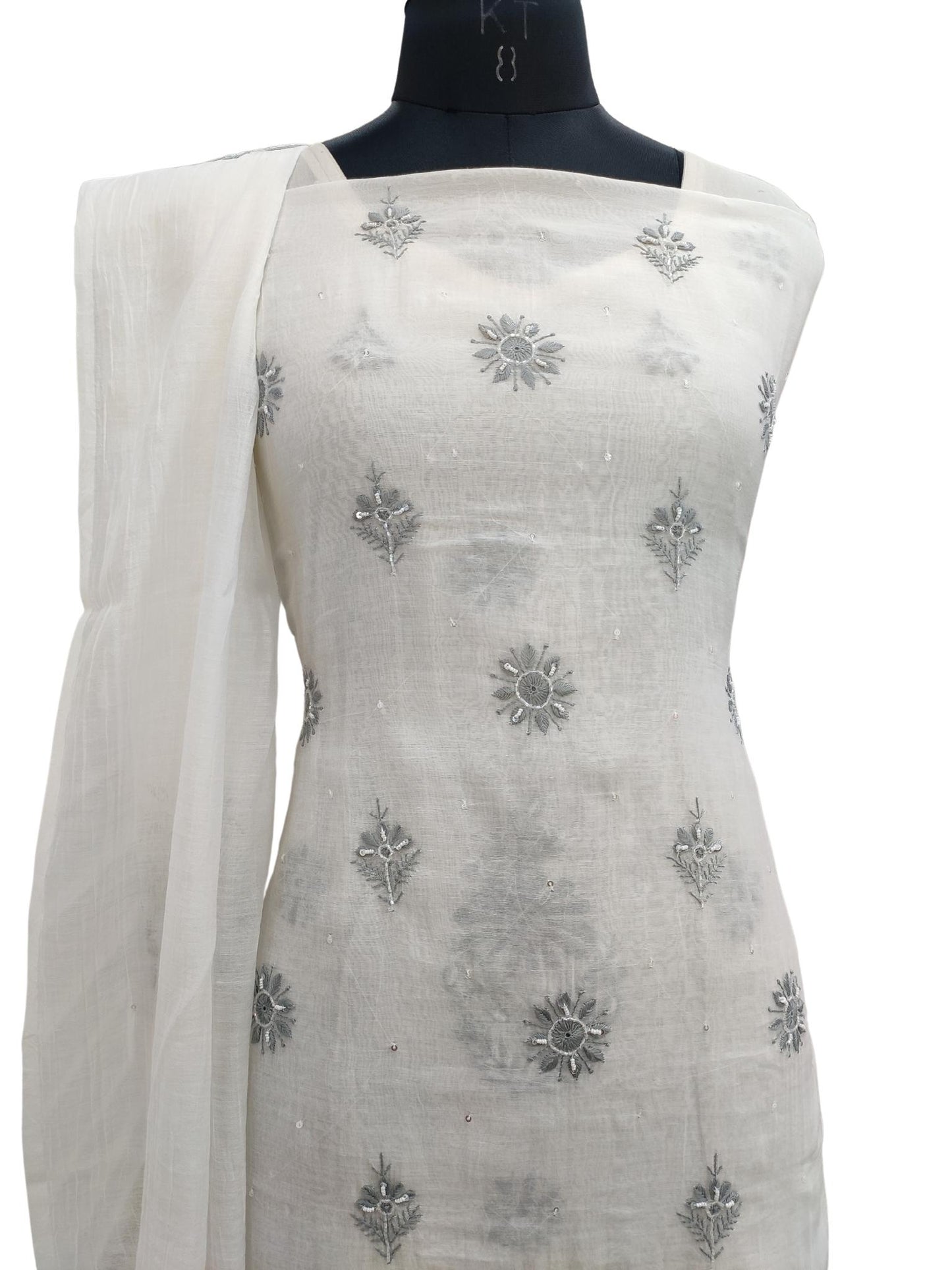 Shyamal Chikan Hand Embroidered White Mul Chanderi Lucknowi Chikankari Unstitched Suit Piece with Pearl & Sequin Work (Kurta Dupatta Set)S21177