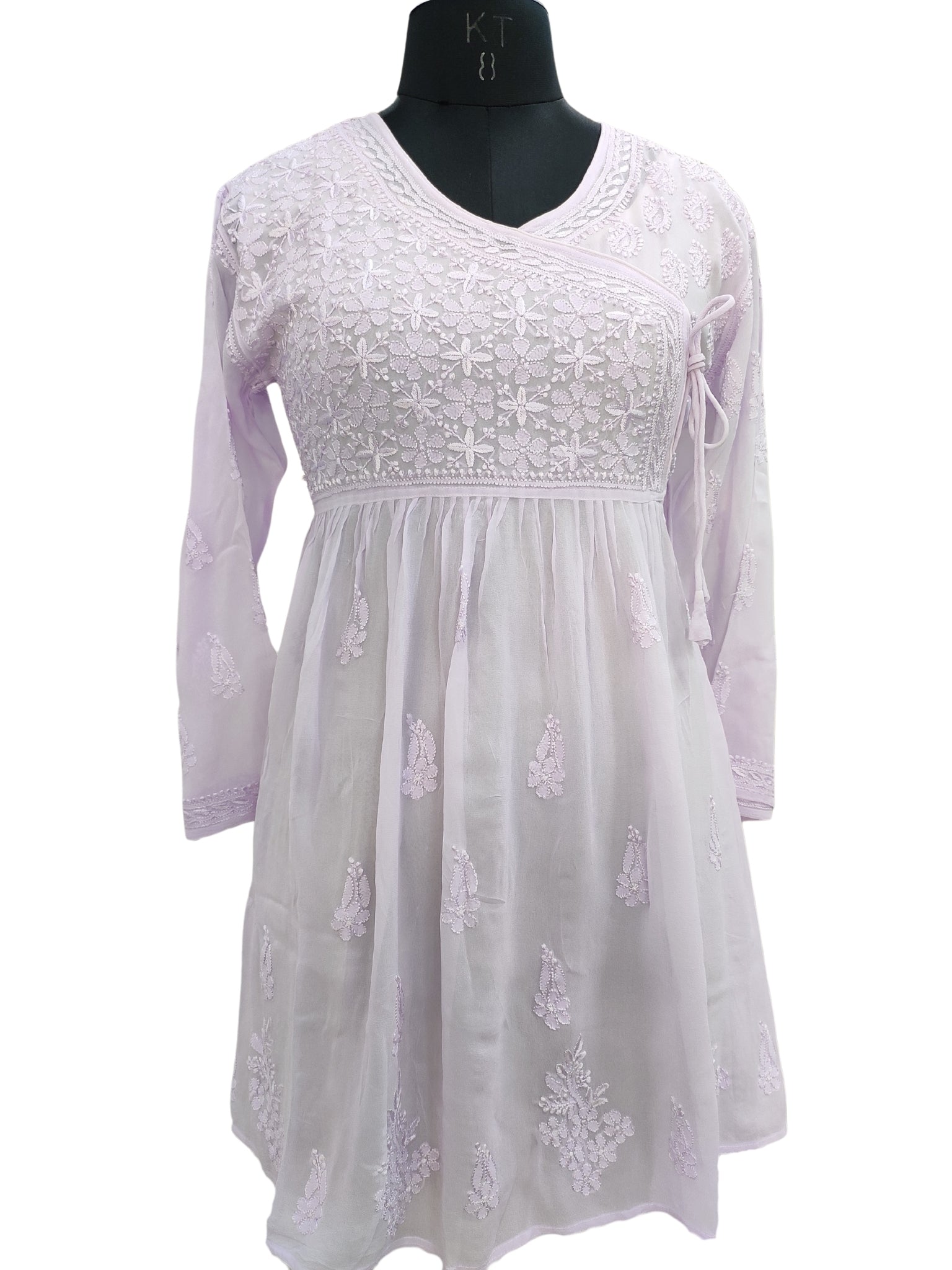 Shyamal Chikan Hand Embroidered Lavender Viscose Georgette Lucknowi Chikankari Angrakha Short Top - S20434