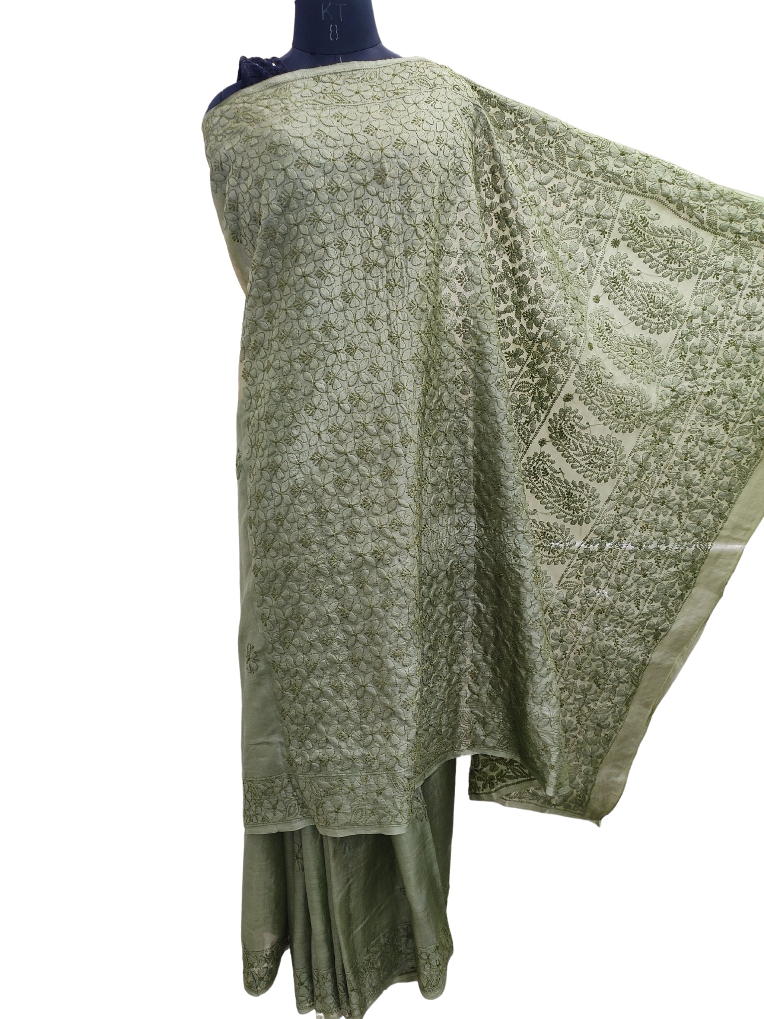 Shyamal Chikan Hand Embroidered Green Pure Tusser Silk Lucknowi Chikankari Saree With Blouse Piece- S20534