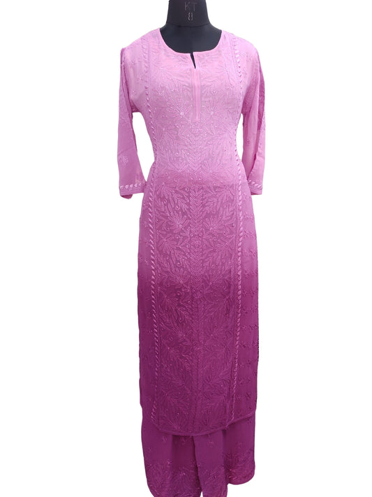 Shyamal Chikan Hand Embroidered Magenta Viscose Georgette Lucknowi Chikankari Kurta and Bottom Set - 23666