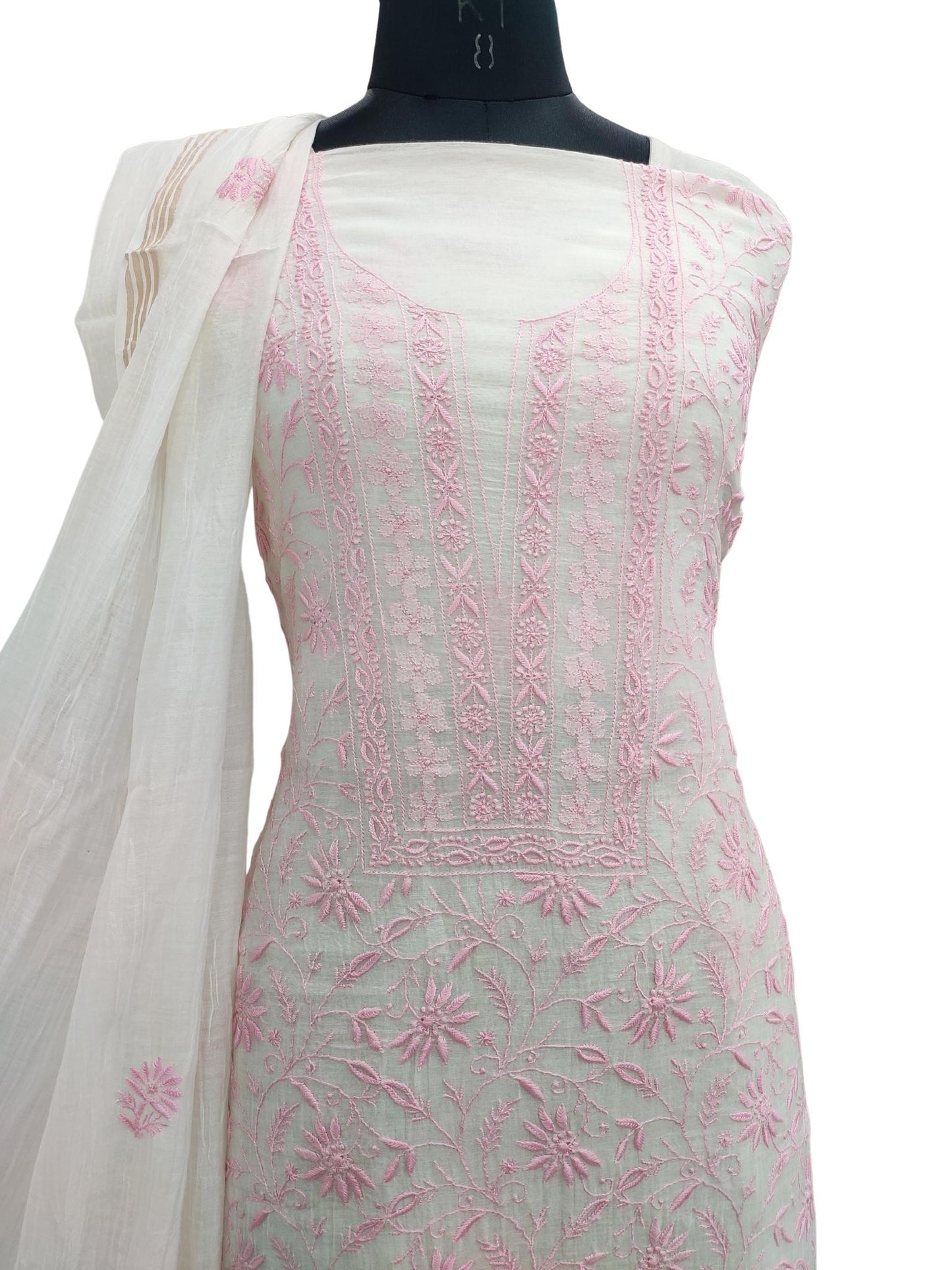 Shyamal Chikan Hand Embroidered White Mulmul Chanderi Lucknowi Chikankari Unstitched Suit Piece ( Kurta Dupatta Set ) - S20978