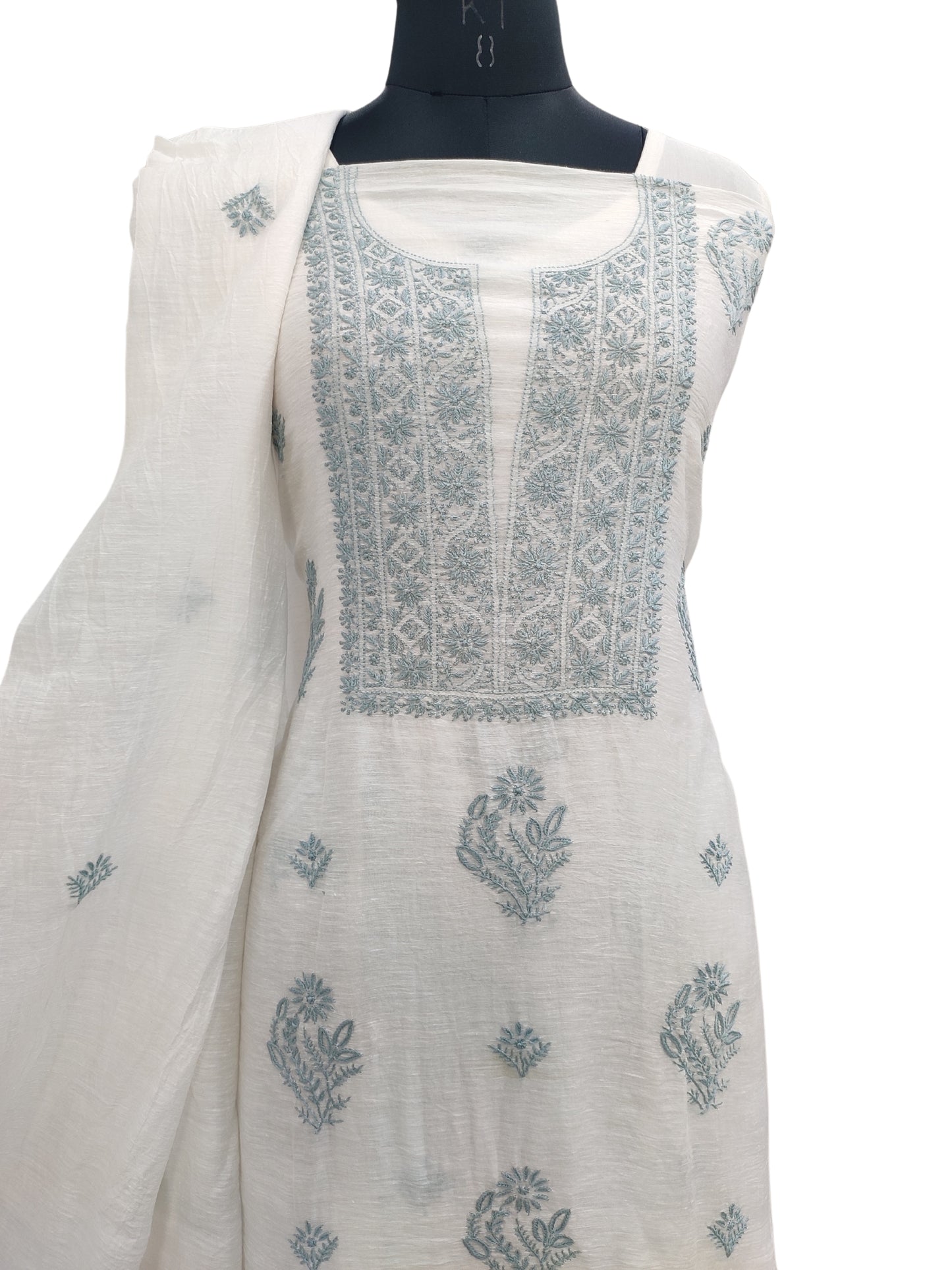 Shyamal Chikan Hand Embroidered White Pure Lenin Lucknowi Chikankari Unstitched Suit Piece (Kurta  Dupatta Set )- S22864