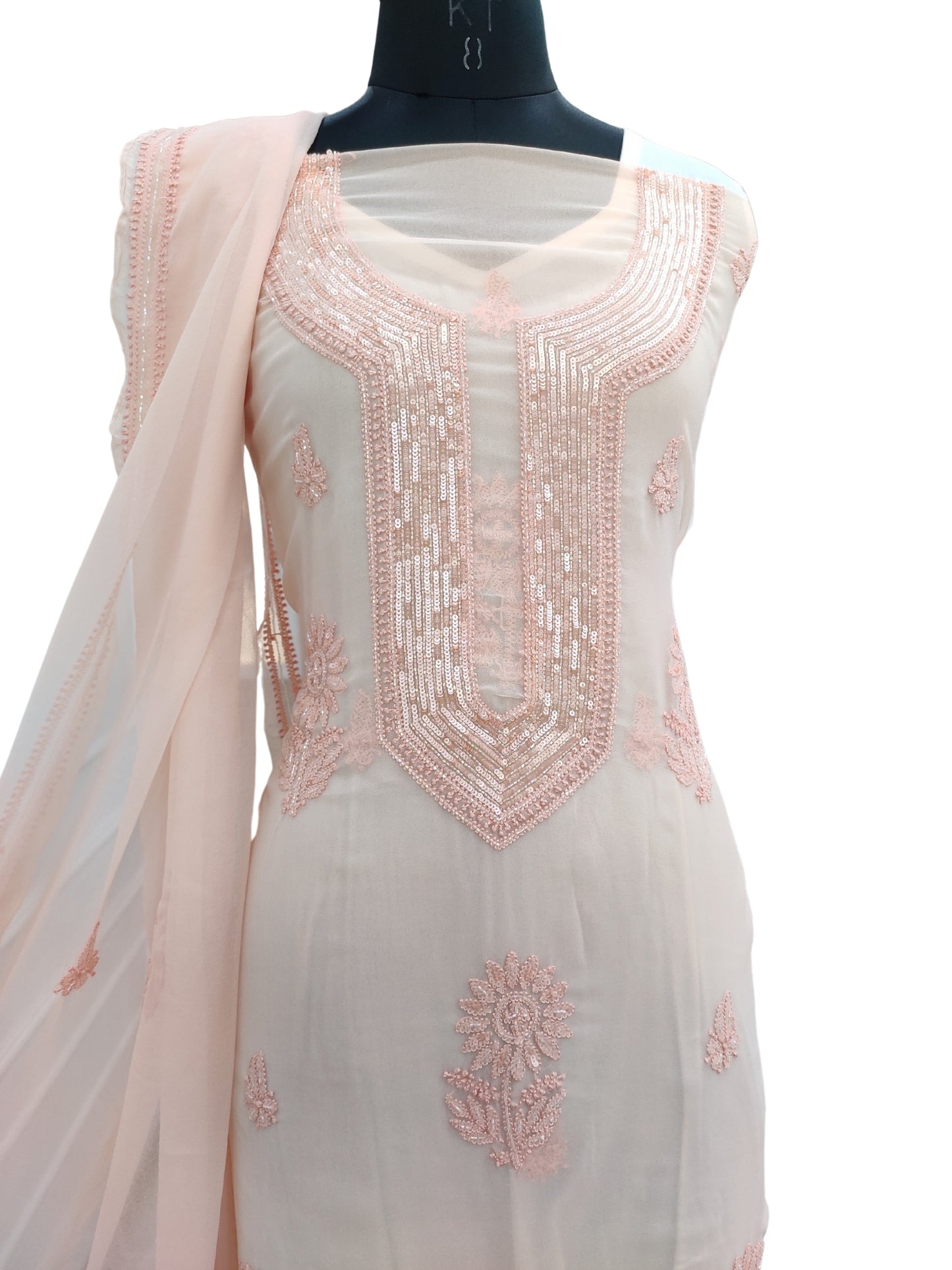 Shyamal Chikan Hand Embroidered Peach Georgette Lucknowi Chikankari Unstitched Suit Piece With Cutdana & Sequin Work - S24382