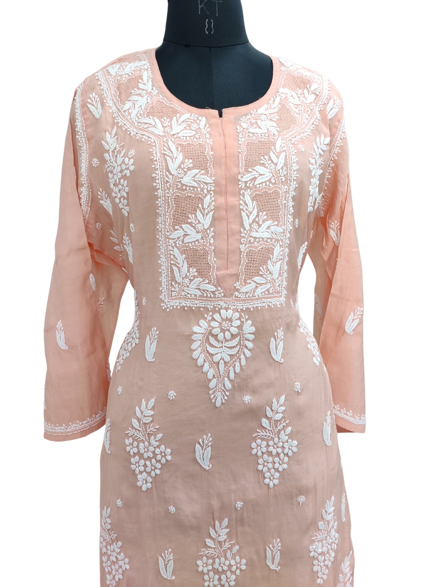 Shyamal Chikan Hand Embroidered Peach Cotton Silk Lucknowi Chikankari Semi Stitched Kurti- S23532