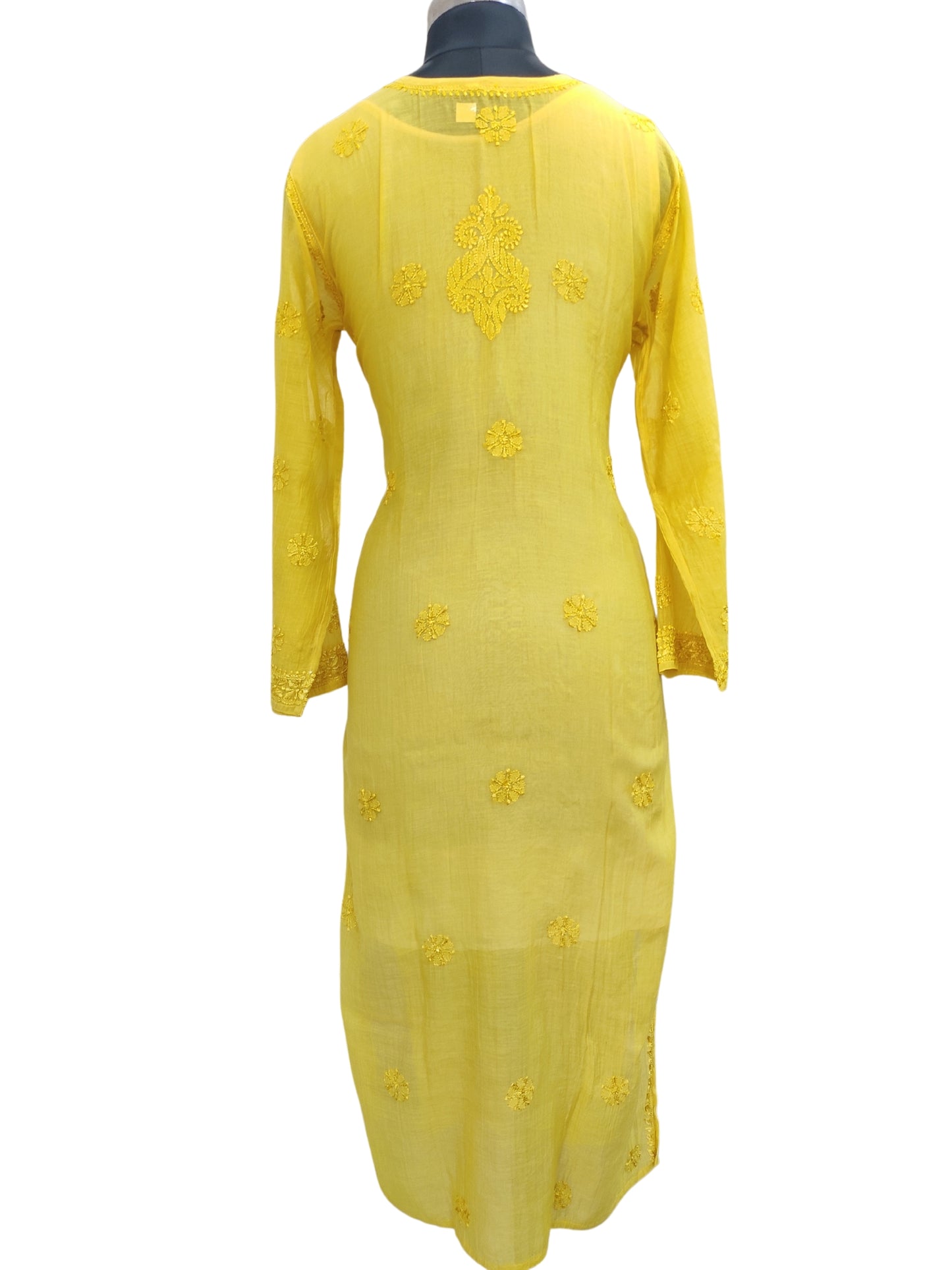 Shyamal Chikan Hand Embroidered Greenish Yellow Mul Chanderi Lucknowi Chikankari Kurti - S23914