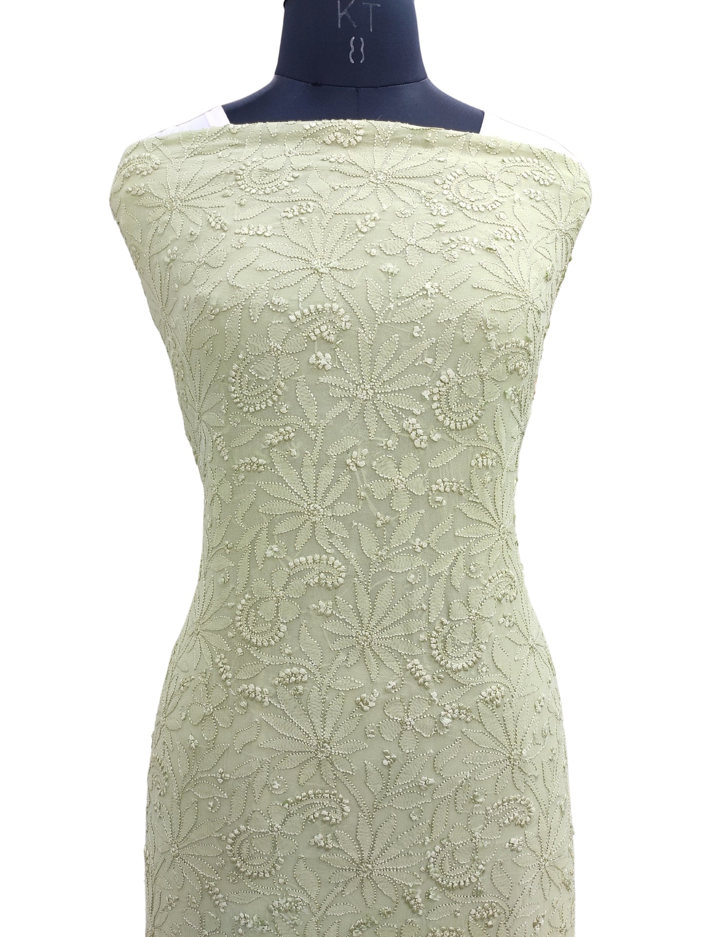 Shyamal Chikan Hand Embroidered Green Viscose Georgette Lucknowi Chikankari Unstitched Kurta Piece- S13970