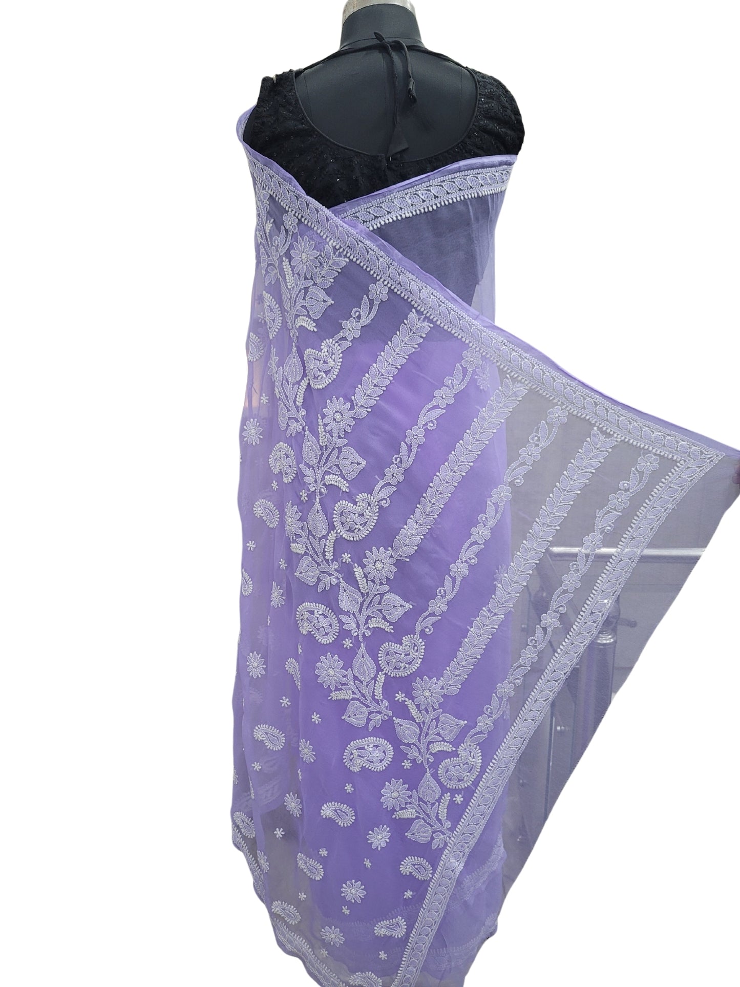 Shyamal Chikan Hand Embroidered Purple Georgette Lucknowi Chikankari Saree With Blouse Piece - S24978