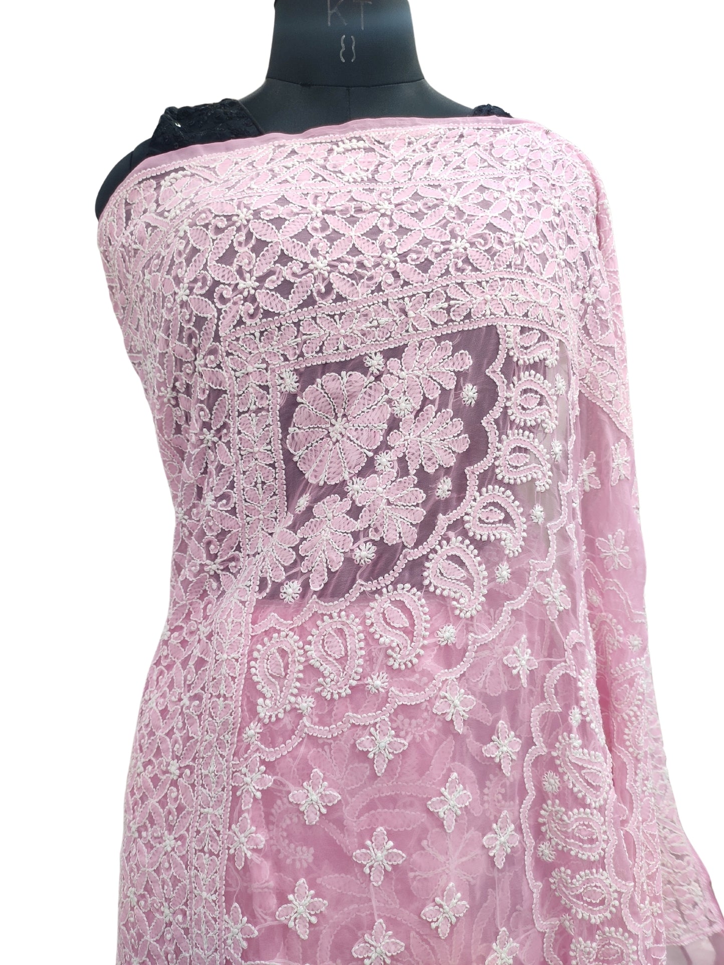 Shyamal Chikan Hand Embroidered Pink Georgette Lucknowi Chikankari Full Jaal Saree With Blouse Piece - 23992