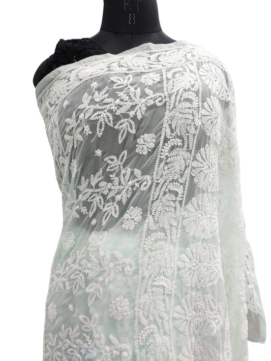 Shyamal Chikan Hand Embroidered Sea Green Georgette Lucknowi Chikankari Shoulder Jaal Saree With Blouse Piece - S21938