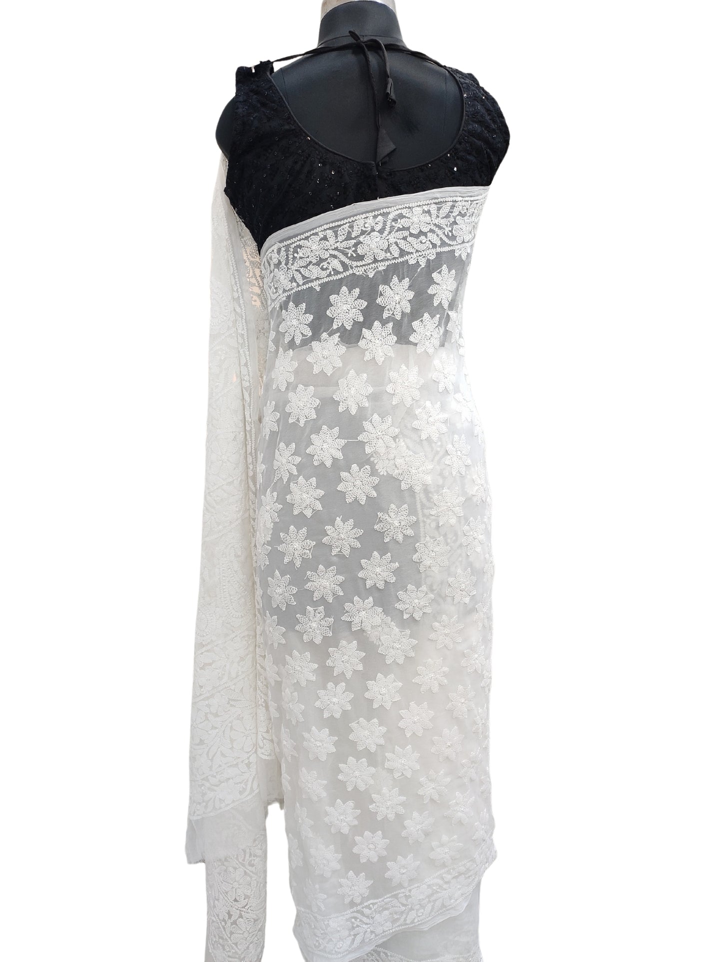 Shyamal Chikan Hand Embroidered White Georgette Lucknowi Chikankari Shoulder Jaal Saree With Blouse Piece - S25235