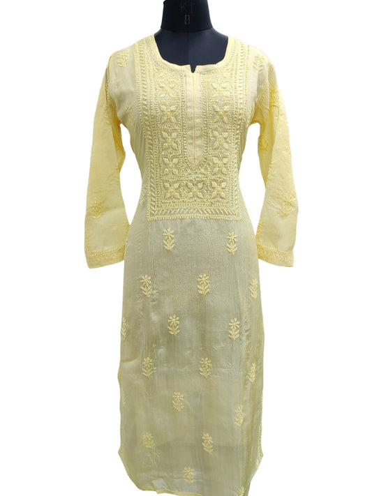 Shyamal Chikan Hand Embroidered Yellow Pure Tusser Silk Lucknowi Chikankari Kurti- S21733