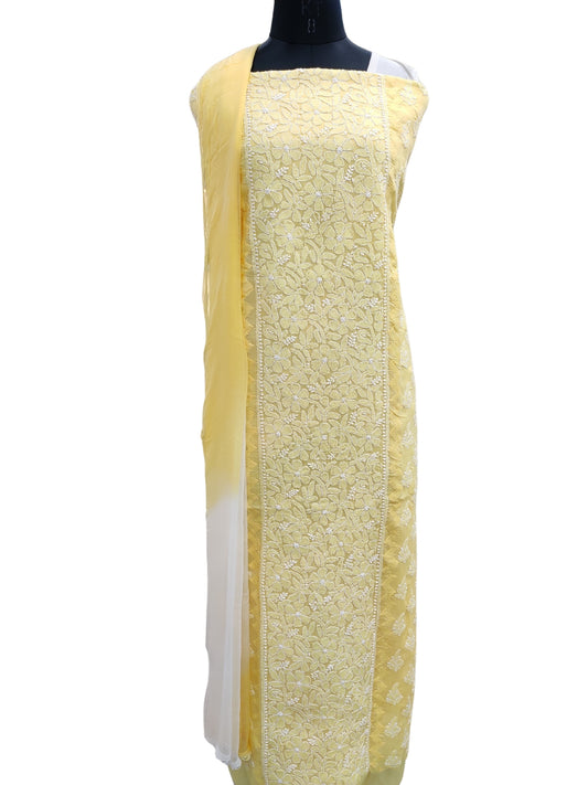 Shyamal Chikan Hand Embroidered Yellow Cotton Lucknowi Chikankari Unstitched Suit Piece With Daraz Work- S21860