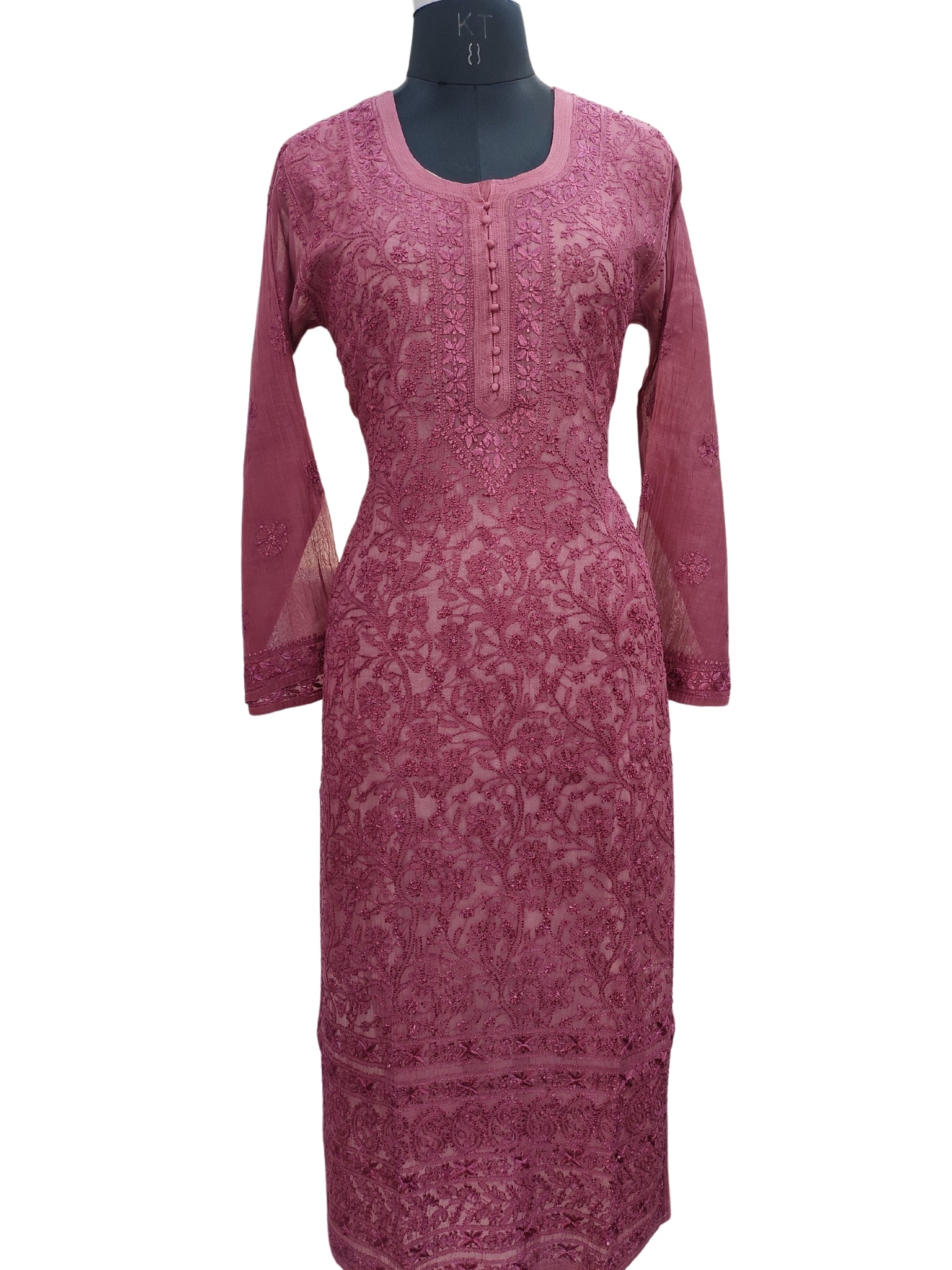 Shyamal Chikan Hand Embroidered Wine Mul Chanderi Lucknowi Chikankari Kurti - S24225