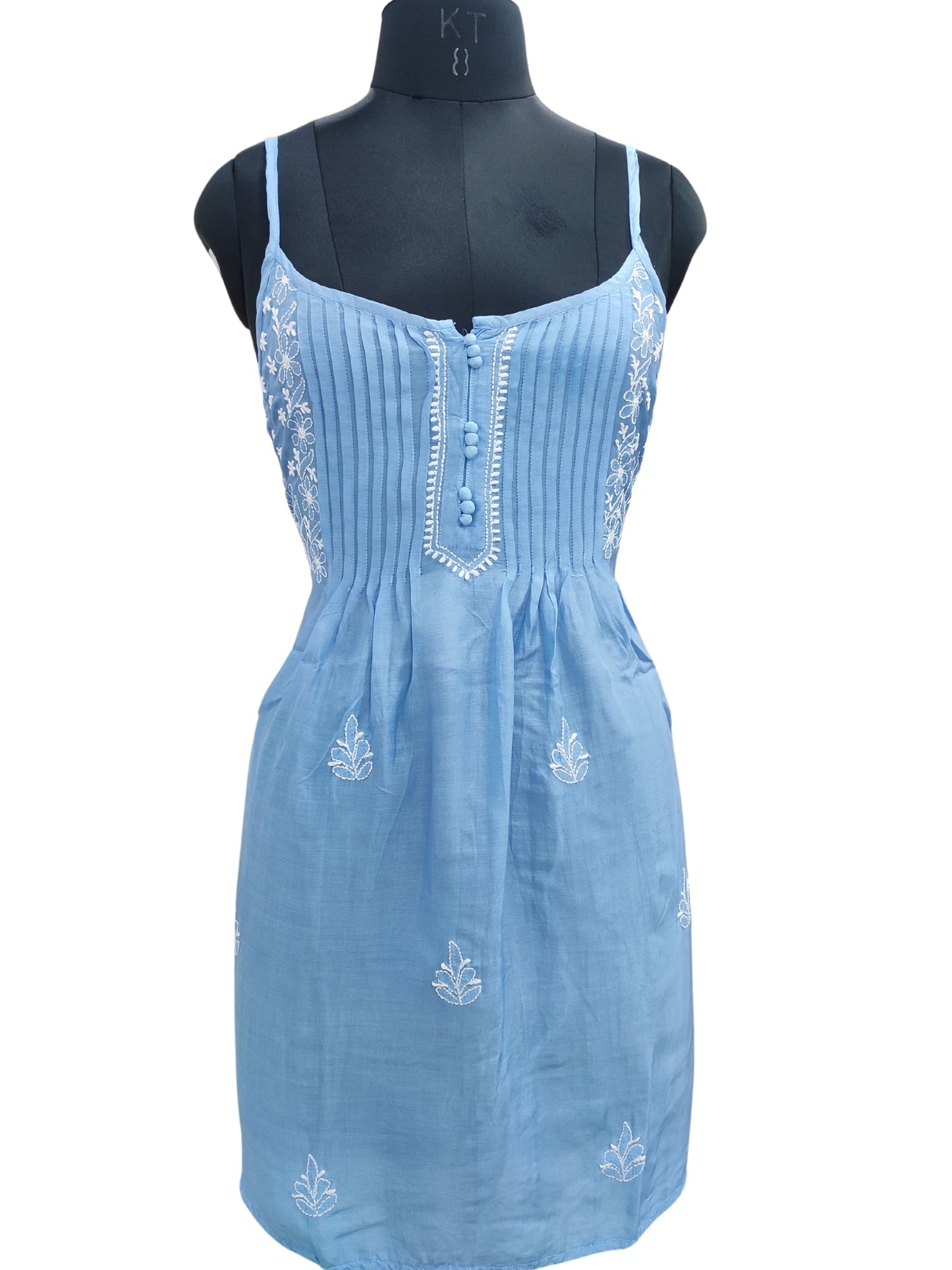 Shyamal Chikan Hand Embroidered Blue Muslin Noodle Strap Lucknowi Chikankari Short Top - S24840