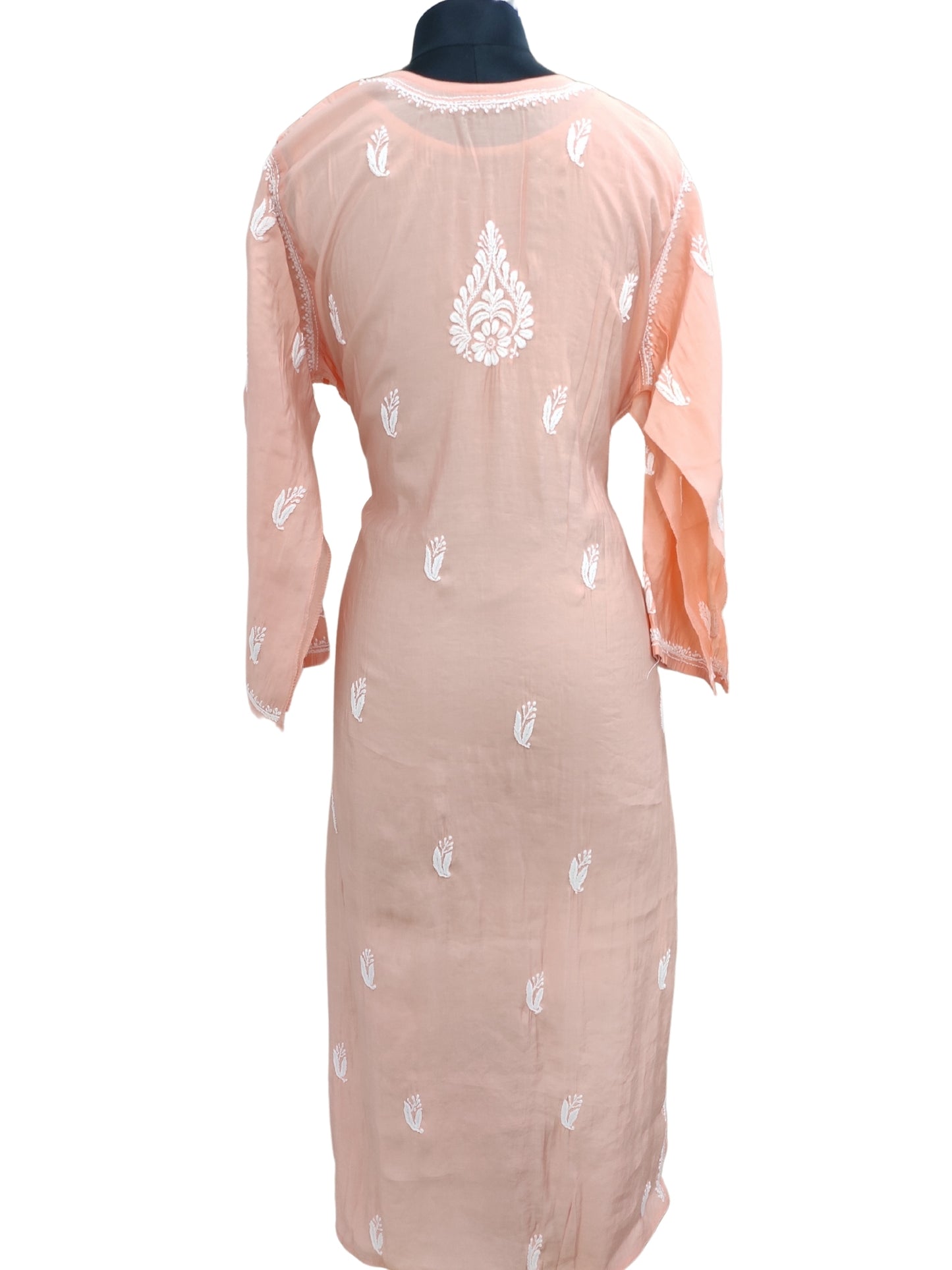 Shyamal Chikan Hand Embroidered Peach Cotton Silk Lucknowi Chikankari Semi Stitched Kurti- S23532