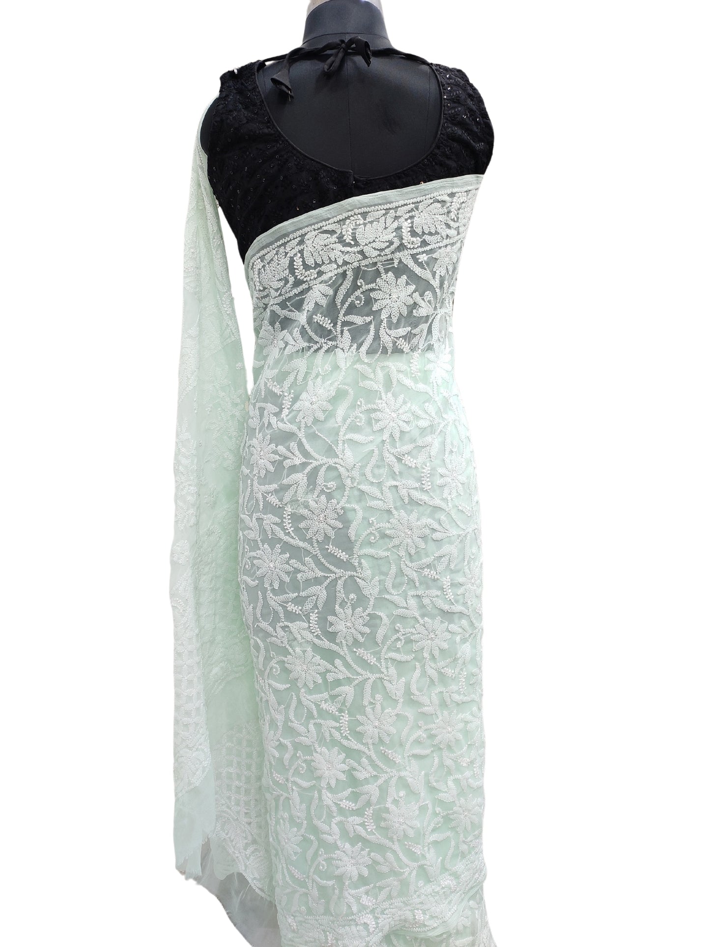 Shyamal Chikan Hand Embroidered Sea Green Georgette Lucknowi Chikankari Shoulder Jaal Saree With Blouse Piece - S21938