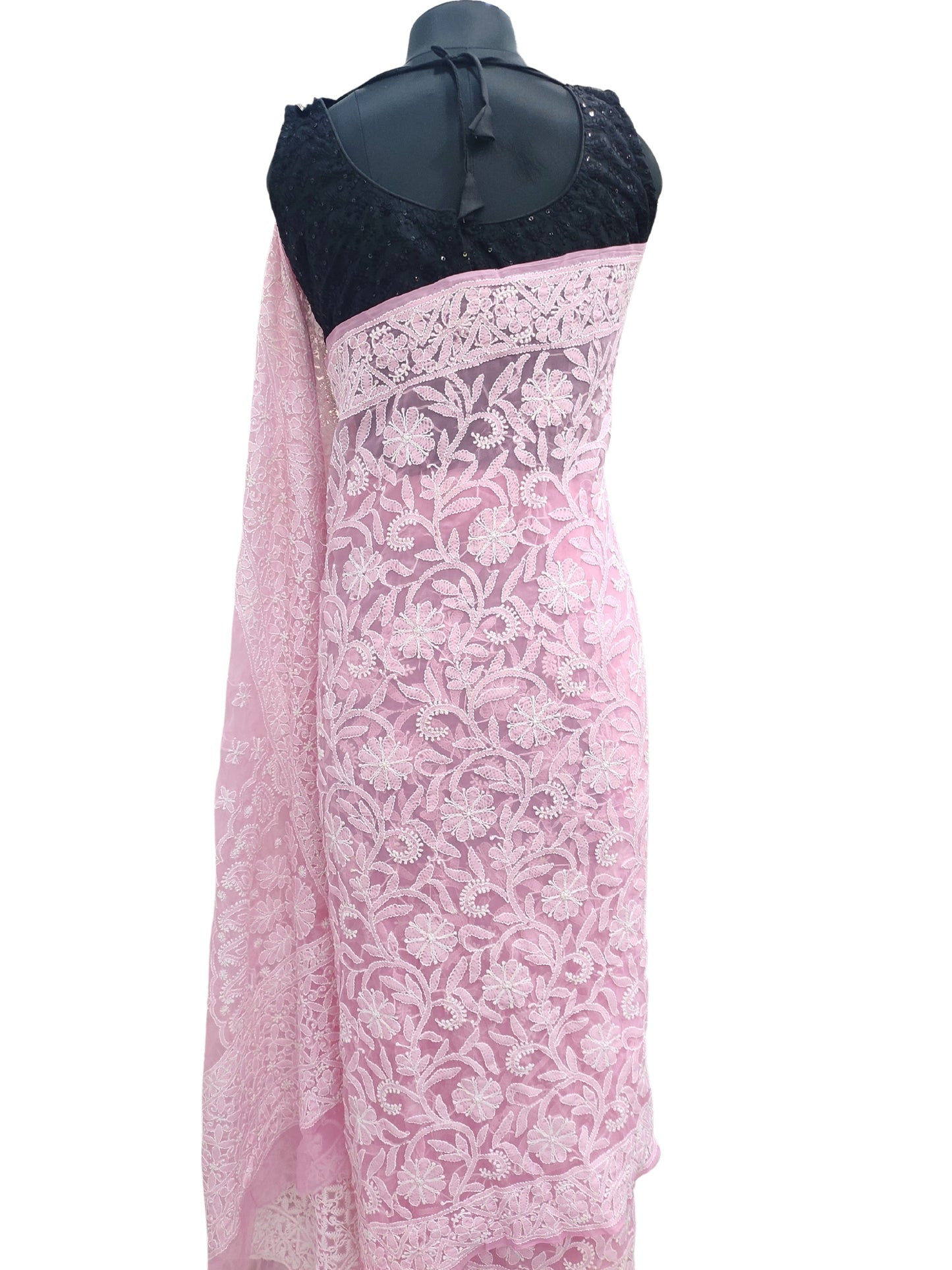 Shyamal Chikan Hand Embroidered Pink Georgette Lucknowi Chikankari Full Jaal Saree With Blouse Piece - 23992