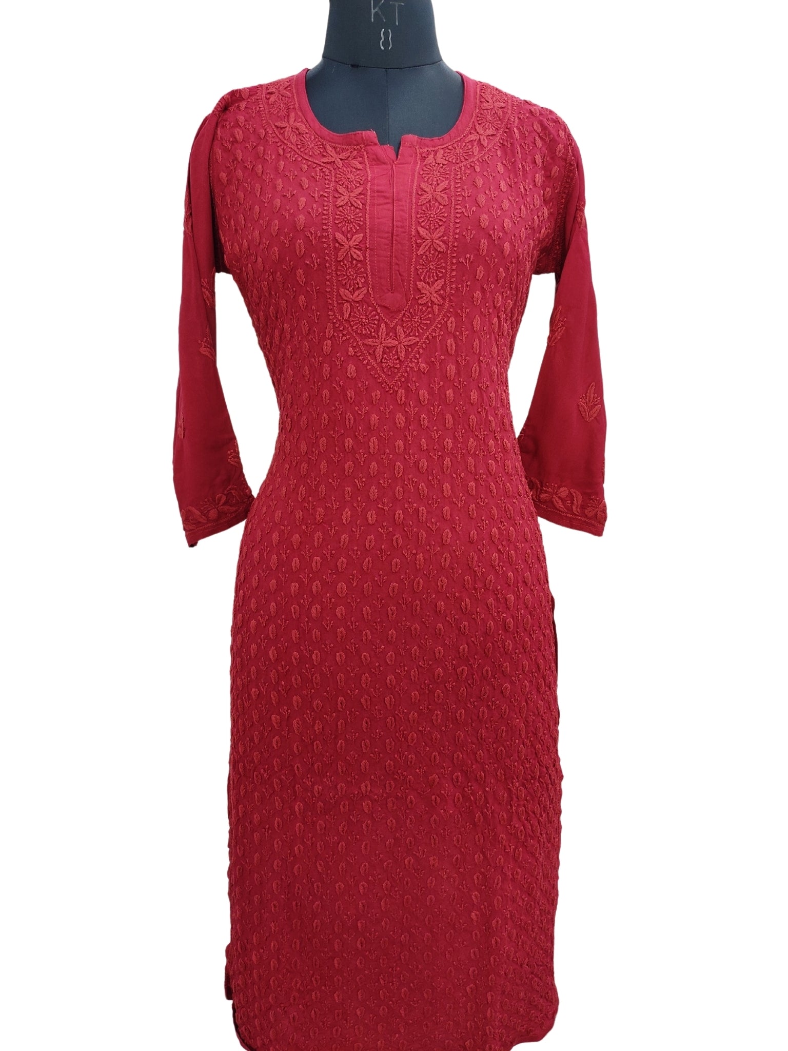 Shyamal Chikan Hand Embroidered Maroon Rayon Cotton Lucknowi Chikankari Kurti- S23517