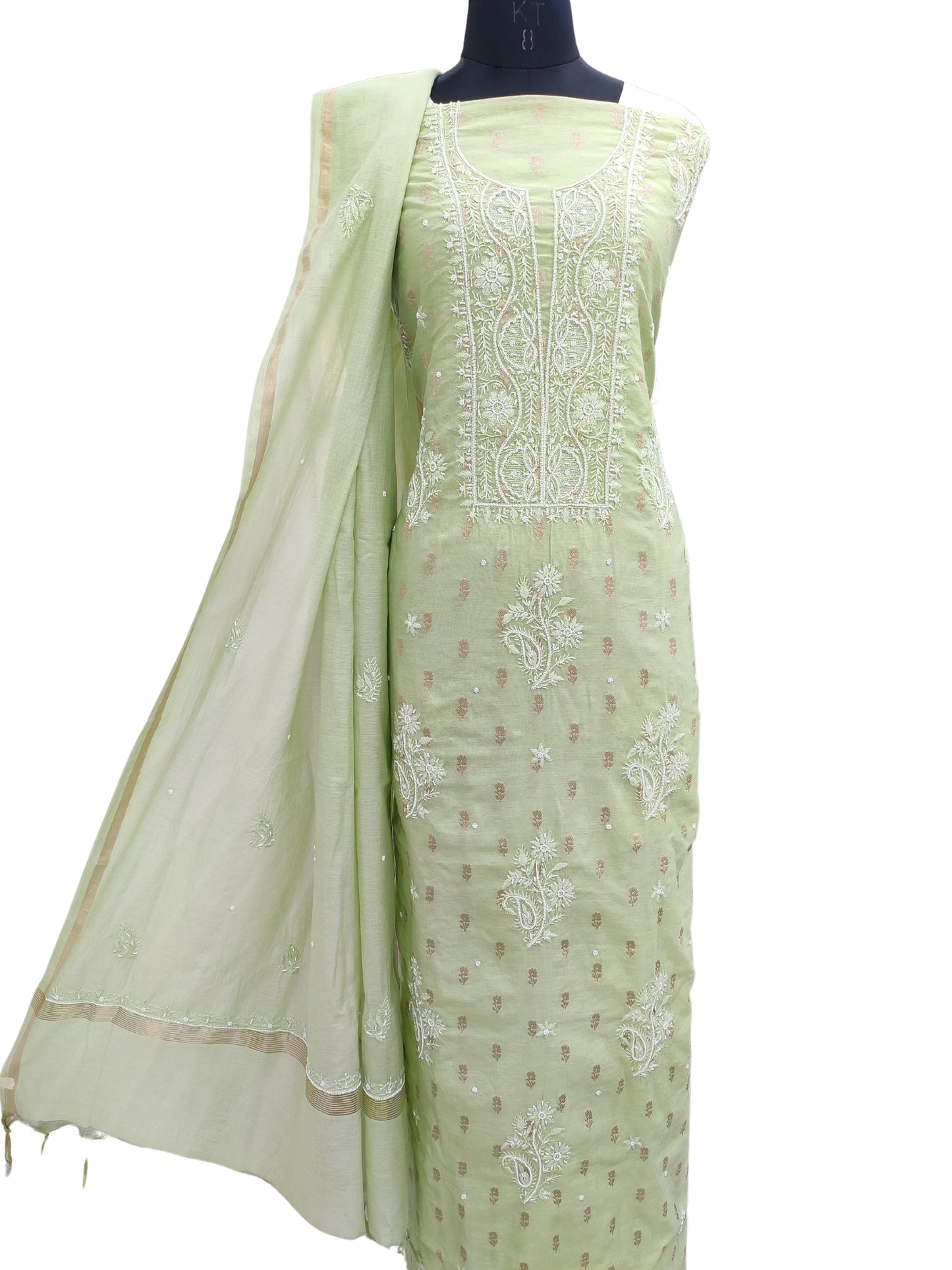 Shyamal Chikan Hand Embroidered Pista Green Chanderi Lucknowi Chikankari Unstitched Suit Piece ( Kurta Dupatta Set ) With Pearl and Sequin Work - S17052