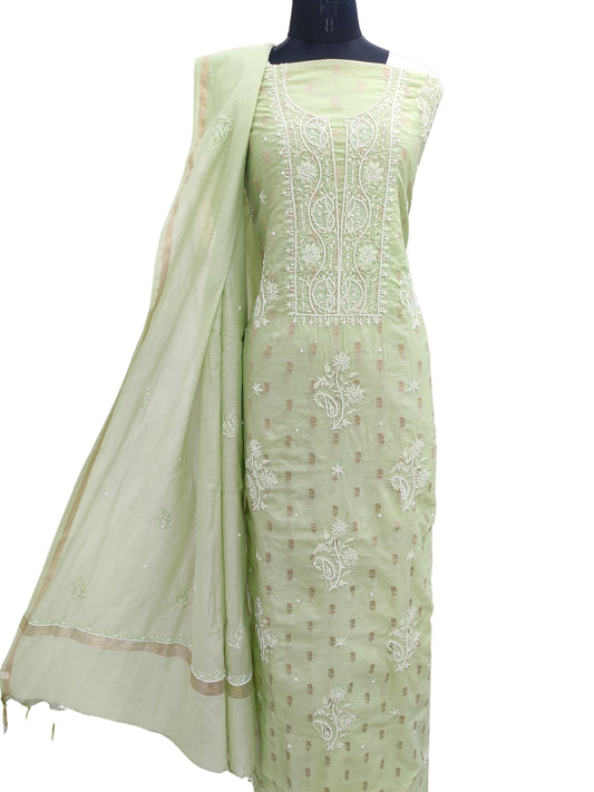 Shyamal Chikan Hand Embroidered Pista Green Chanderi Lucknowi Chikankari Unstitched Suit Piece ( Kurta Dupatta Set ) With Pearl and Sequin Work - S17052