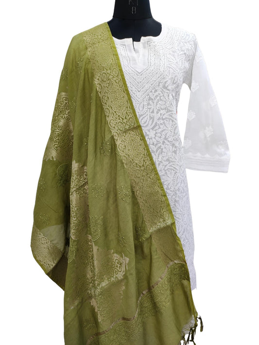 Shyamal Chikan Hand Embroidered Green Chanderi Silk Lucknowi Chikankari Dupatta - S20103