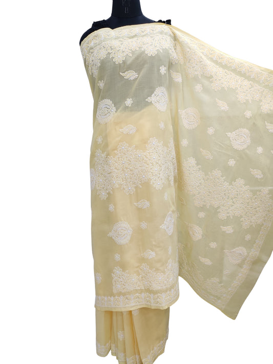 Shyamal Chikan Hand Embroidered Yellow Cotton Lucknowi Chikankari Saree With Blouse Piece- S22525