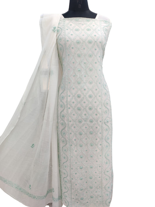 Shyamal Chikan Hand Embroidered White Mul Chanderi Lucknowi Chikankari Unstitched Suit Piece (Kurta Dupatta Set) - 23543