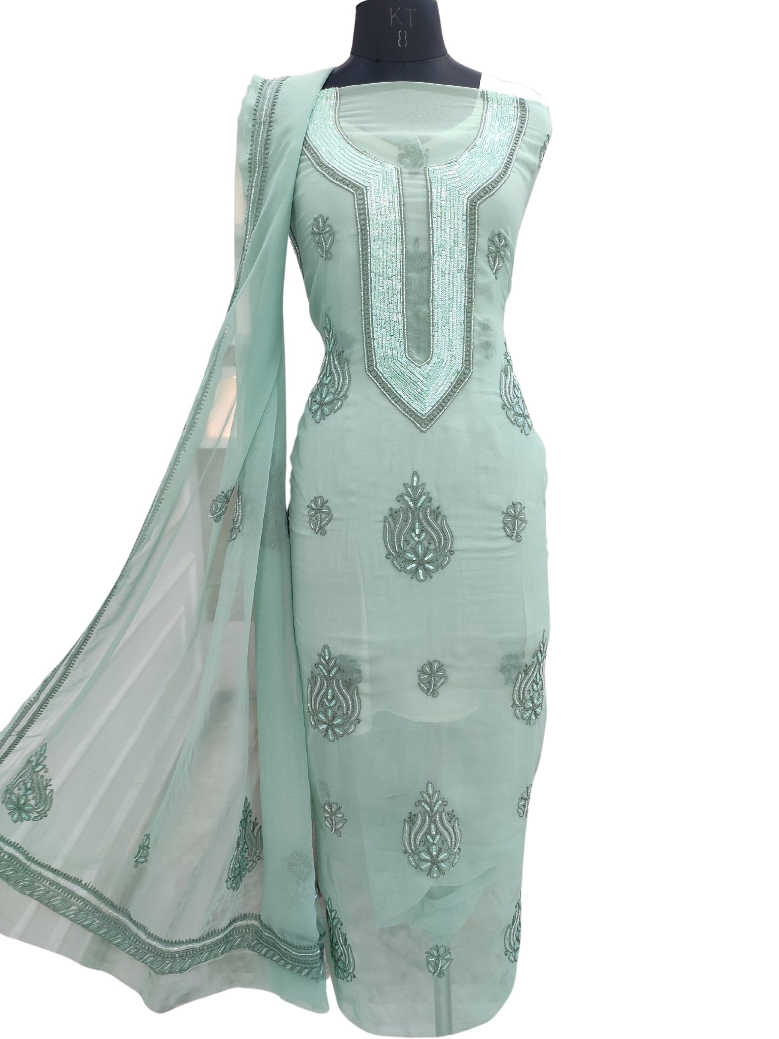 Shyamal Chikan Hand Embroidered Green Georgette Lucknowi Chikankari Unstitched Suit Piece With Cutdana & Sequin Work - S24377