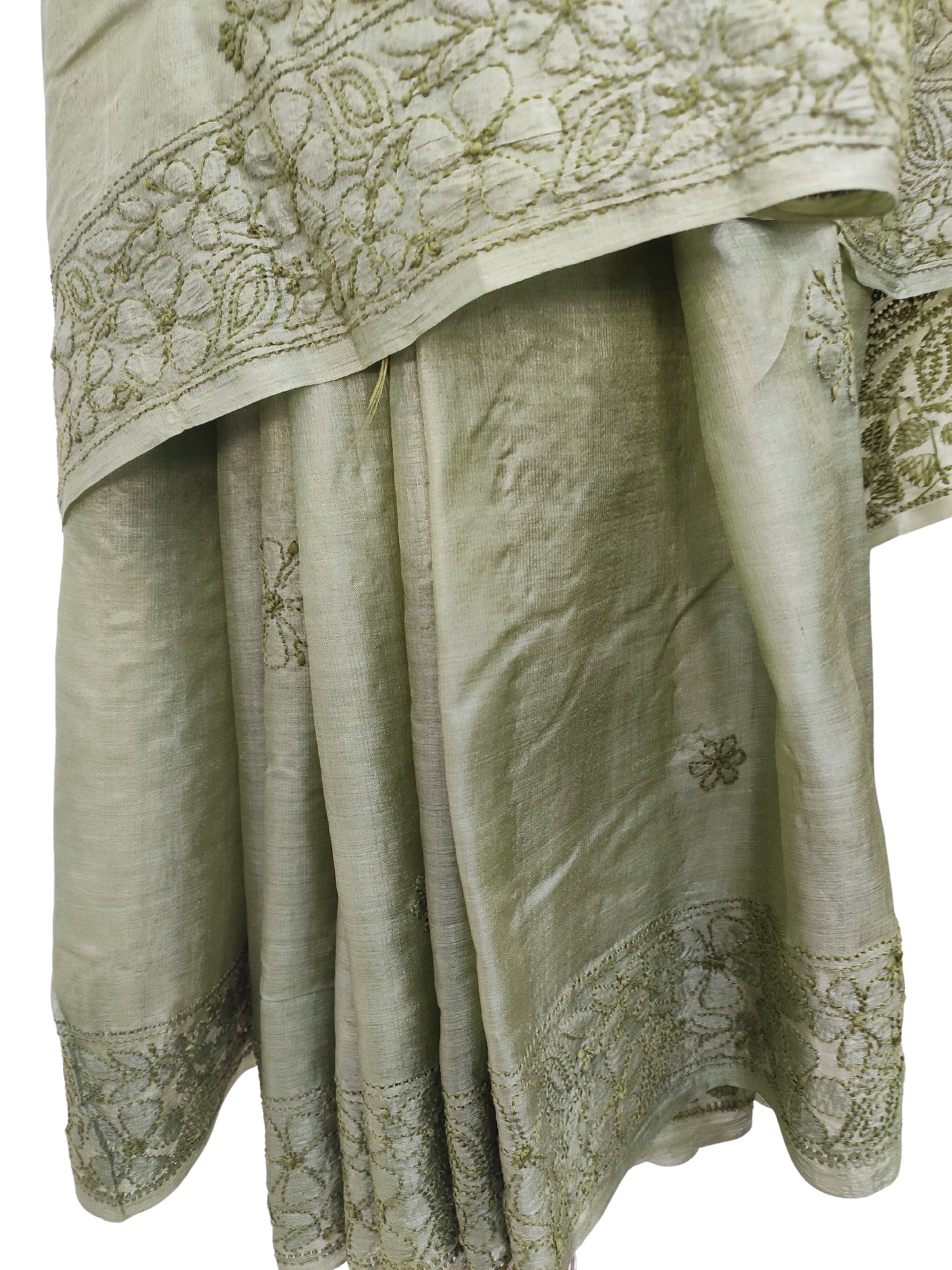 Shyamal Chikan Hand Embroidered Green Pure Tusser Silk Lucknowi Chikankari Saree With Blouse Piece- S20534