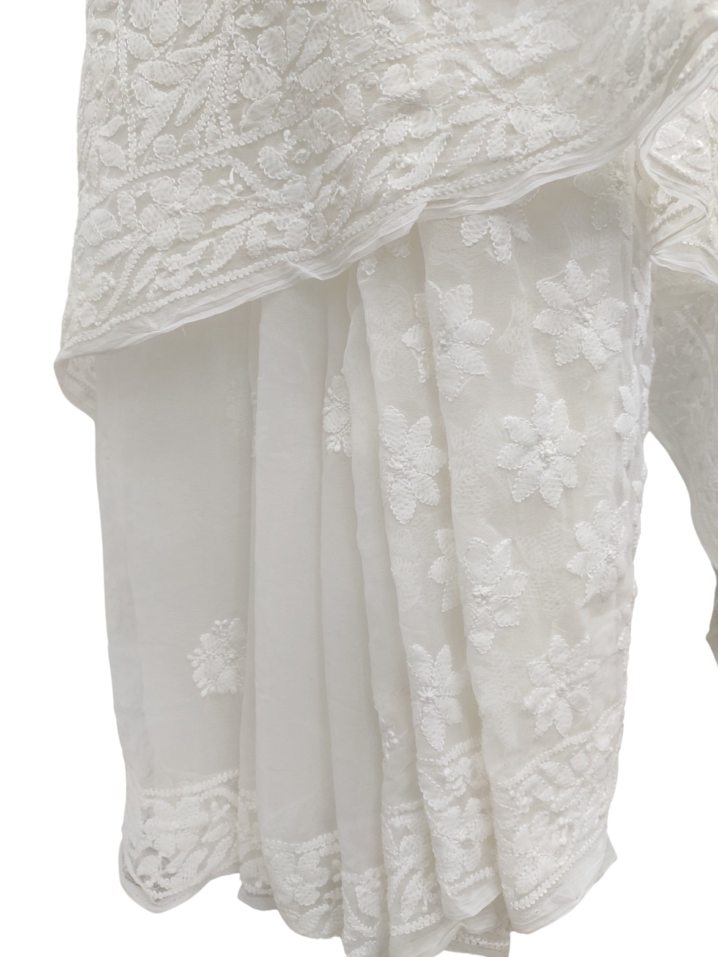 Shyamal Chikan Hand Embroidered White Georgette Lucknowi Chikankari Shoulder Jaal Saree With Blouse Piece - S25235