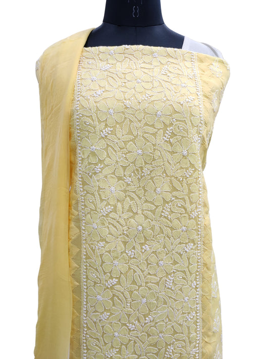 Shyamal Chikan Hand Embroidered Yellow Cotton Lucknowi Chikankari Unstitched Suit Piece With Daraz Work- S22232