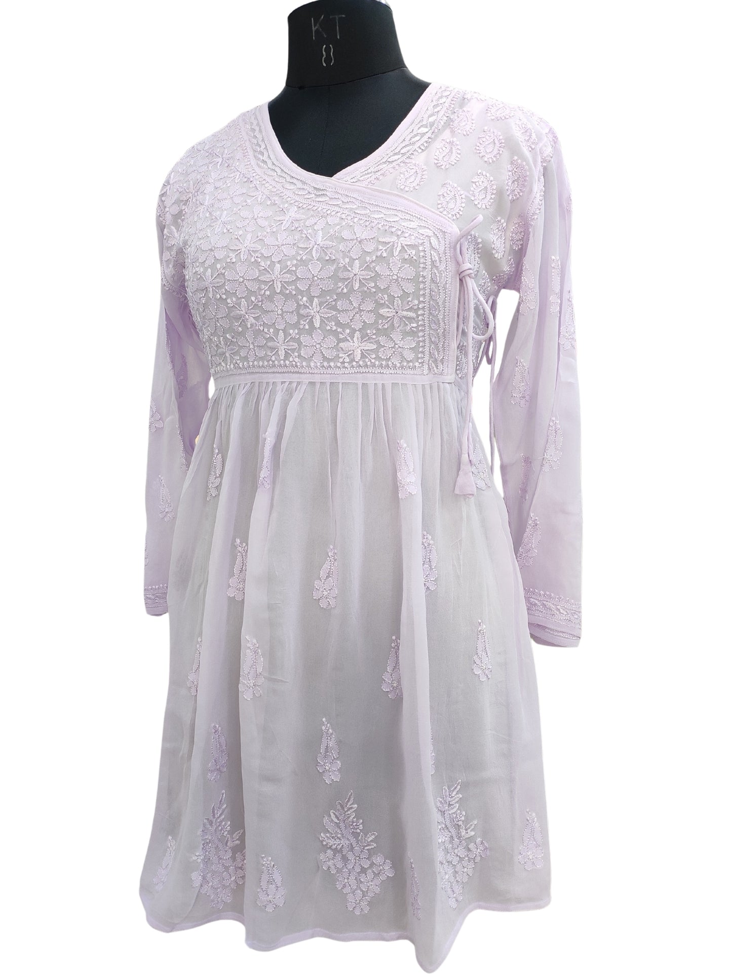 Shyamal Chikan Hand Embroidered Lavender Viscose Georgette Lucknowi Chikankari Angrakha Short Top - S20434