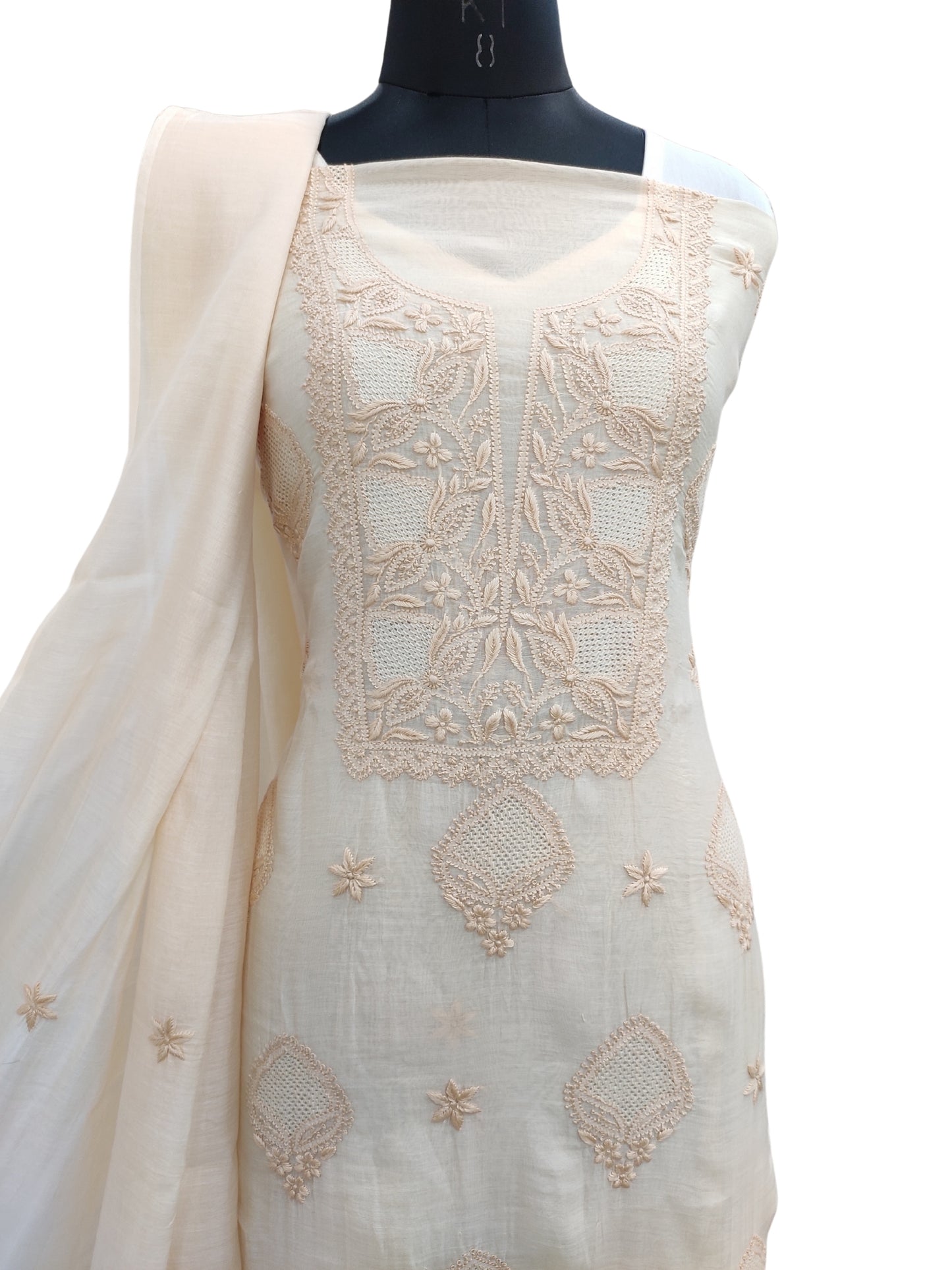 Shyamal Chikan Hand Embroidered Beige Mul Chanderi Lucknowi Chikankari Unstitched Suit Piece With Jaali Work (Kurta Dupatta Set) - S23726