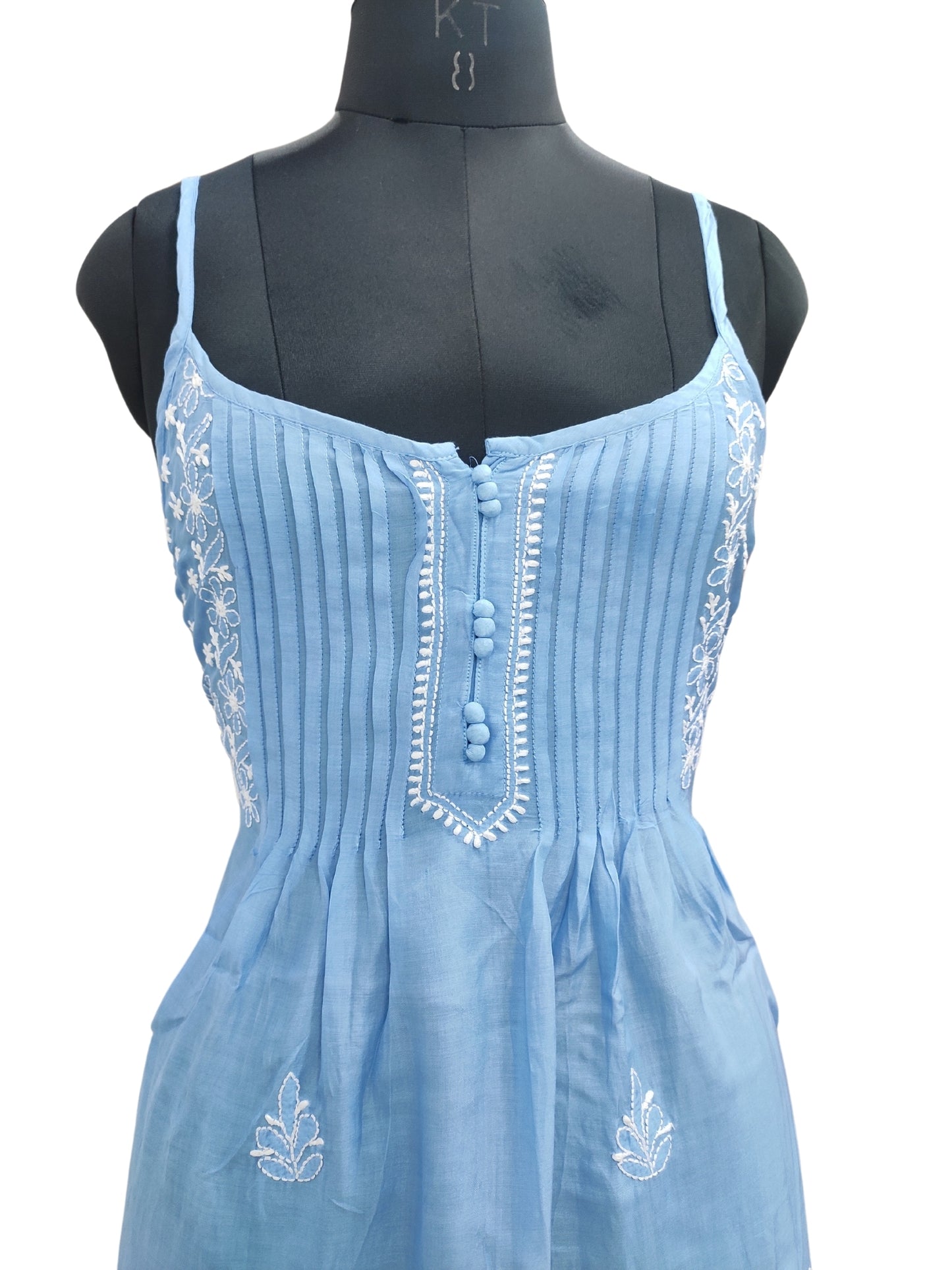 Shyamal Chikan Hand Embroidered Blue Muslin Noodle Strap Lucknowi Chikankari Short Top - S24840