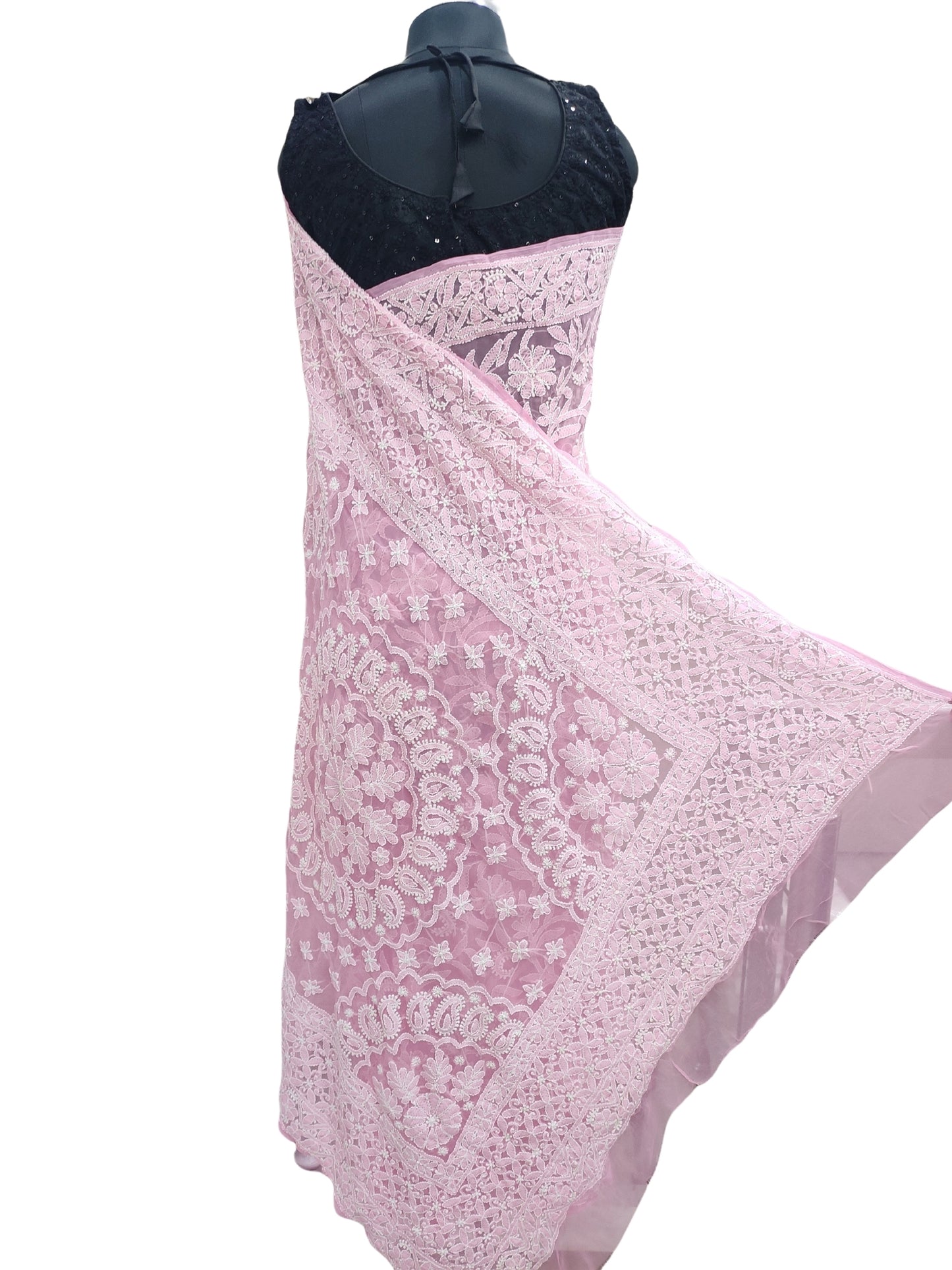 Shyamal Chikan Hand Embroidered Pink Georgette Lucknowi Chikankari Full Jaal Saree With Blouse Piece - 23992