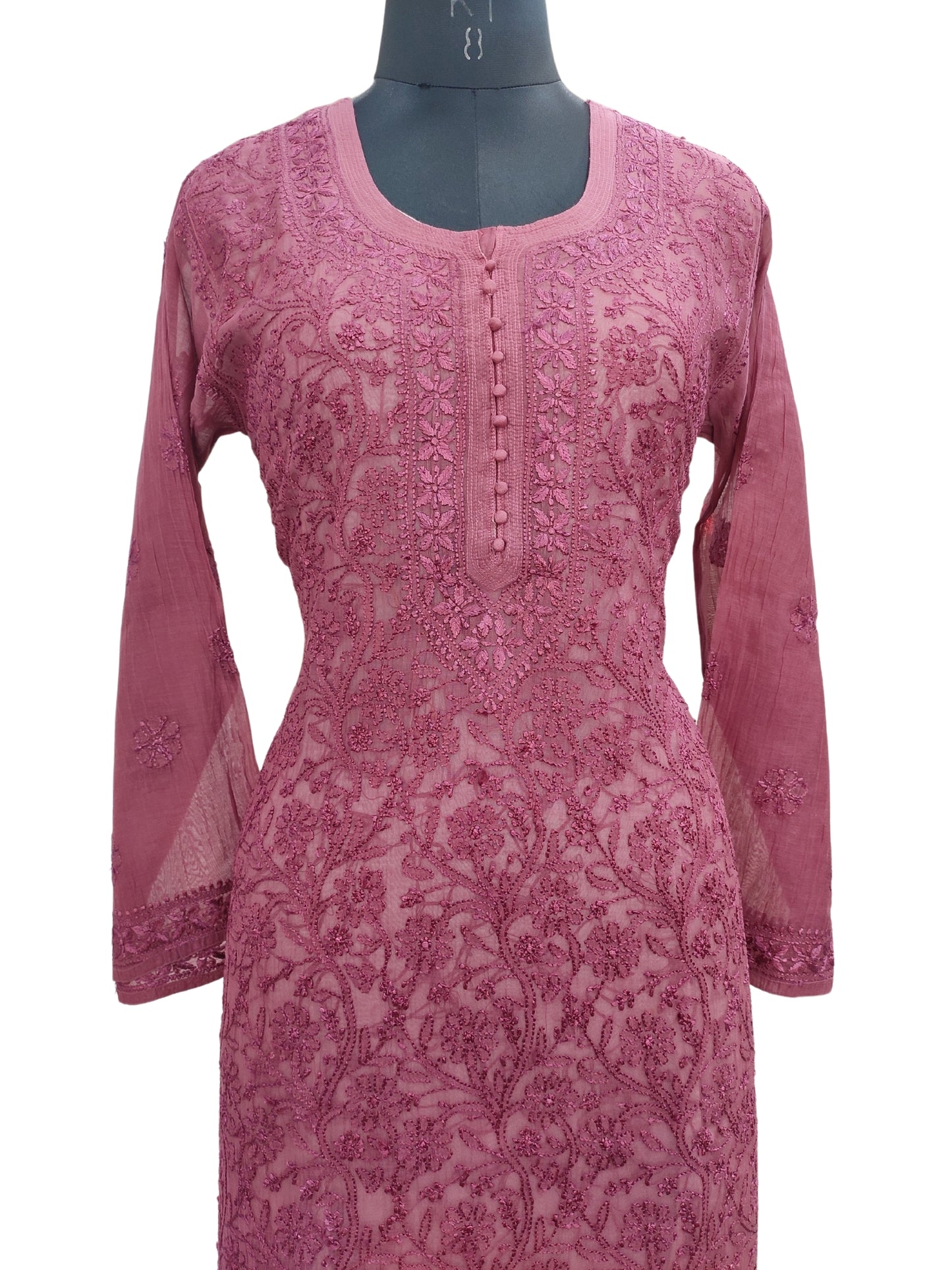 Shyamal Chikan Hand Embroidered Wine Mul Chanderi Lucknowi Chikankari Kurti - S24225