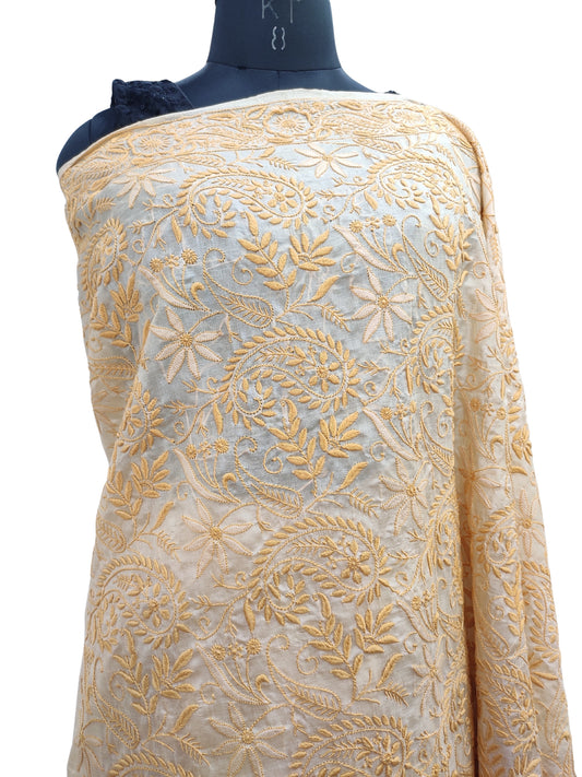 Shyamal Chikan Hand Embroidered Beige Tusser Silk Lucknowi Chikankari Saree With Blouse Piece- S22474