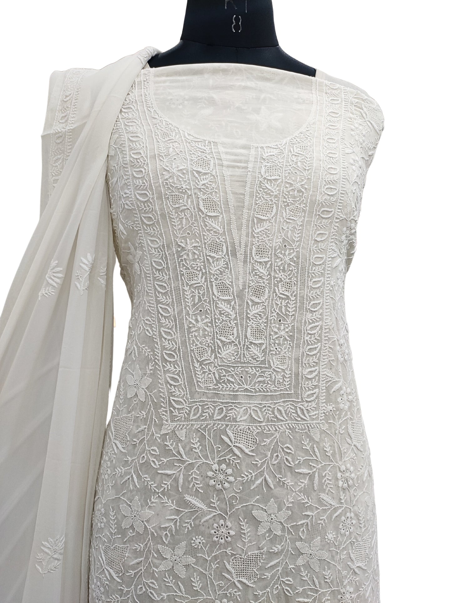 Shyamal Chikan Hand Embroidered White Pure Georgette Lucknowi Chikankari Unstitched Suit Piece with Jaali work  - S20738