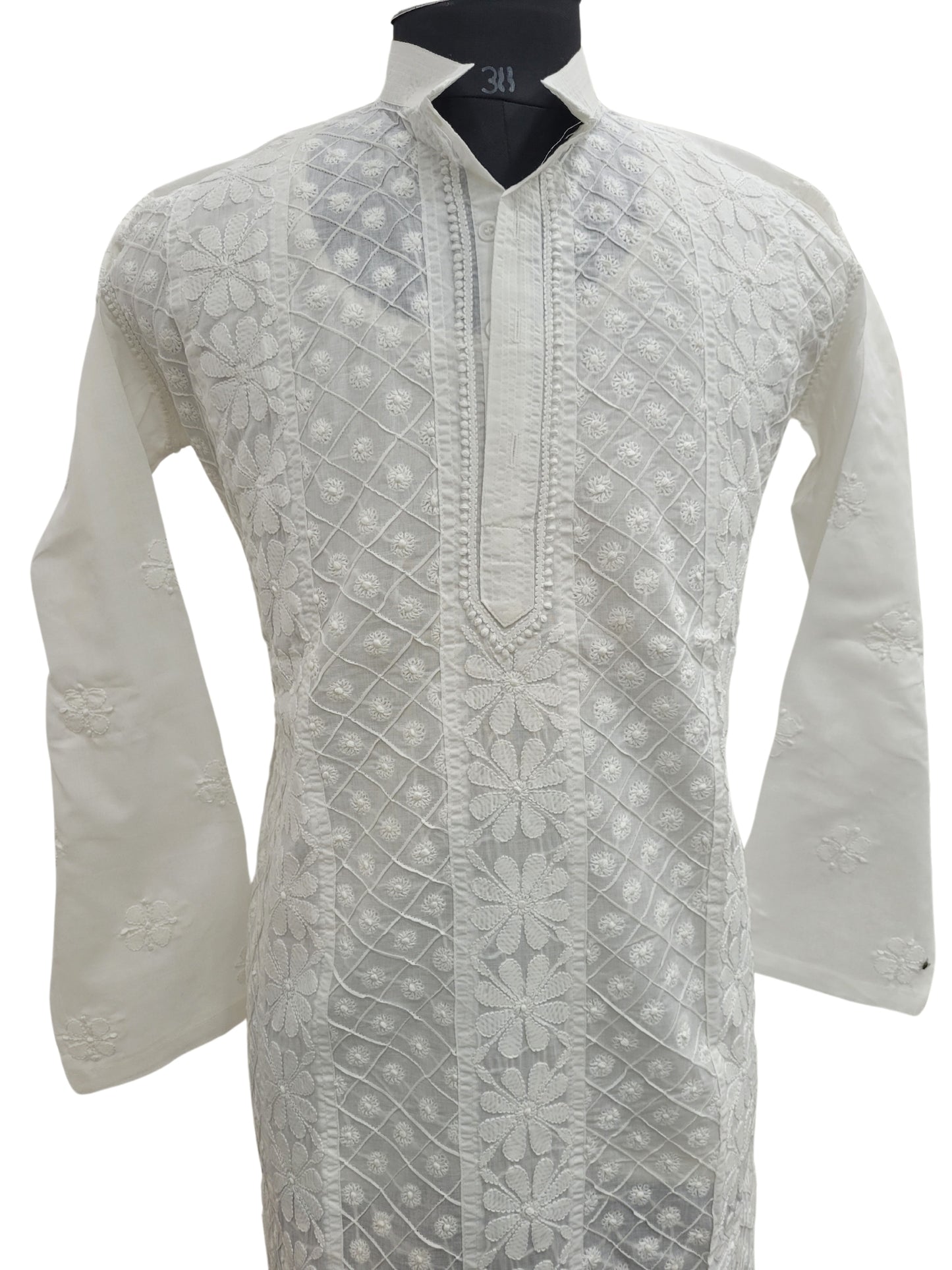 Shyamal Chikan Hand Embroidered White Cotton Lucknowi Chikankari Men's Kurta WIth Pintex Work  –S25157